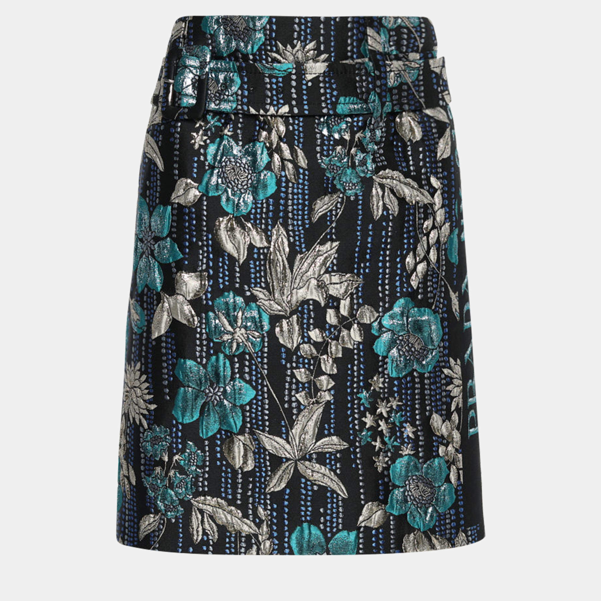 Pre Owned Prada Black Metallic Brocade Belted Mini Skirt S