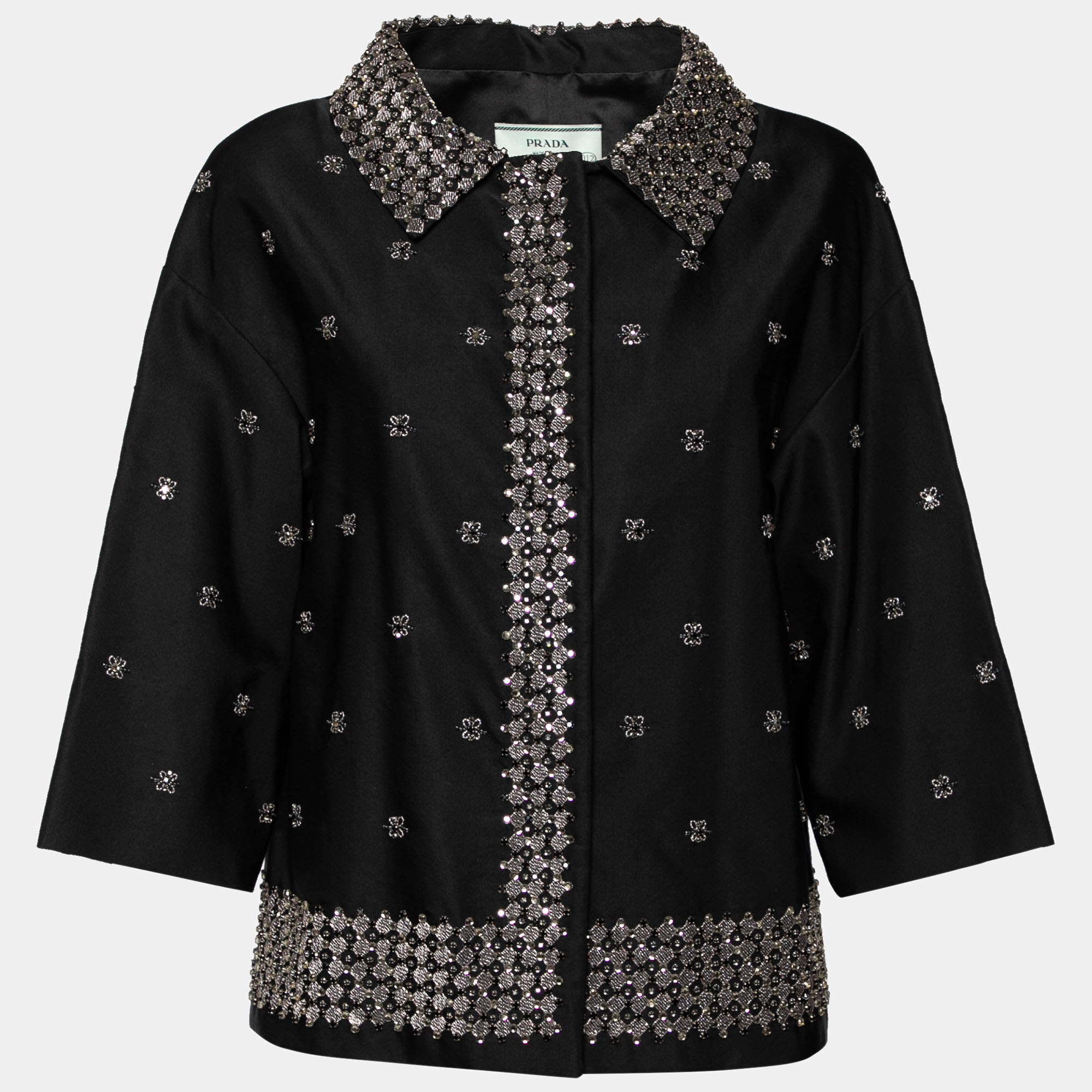 Prada Black Embellished Silk & Wool Button Front Jacket M