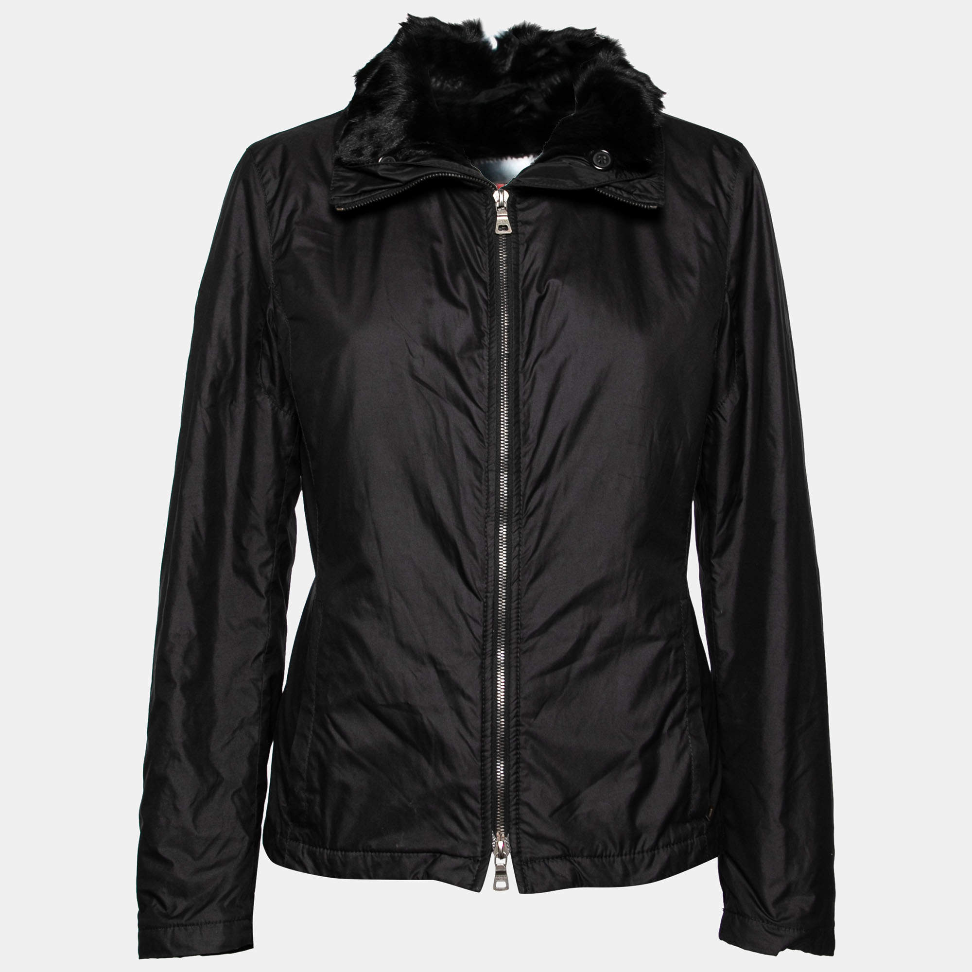 Prada Black Synthetic & Fur Lined Zip Front Jacket M