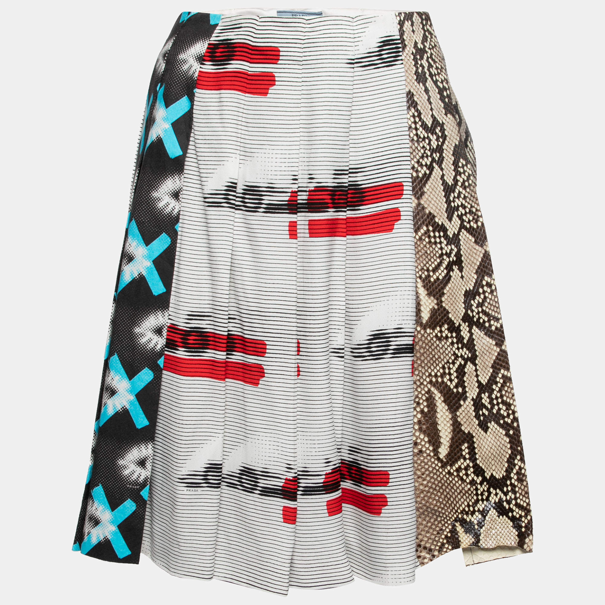 Prada Multicolor Printed Crepe & Python Leather Paneled Pleated Skirt S