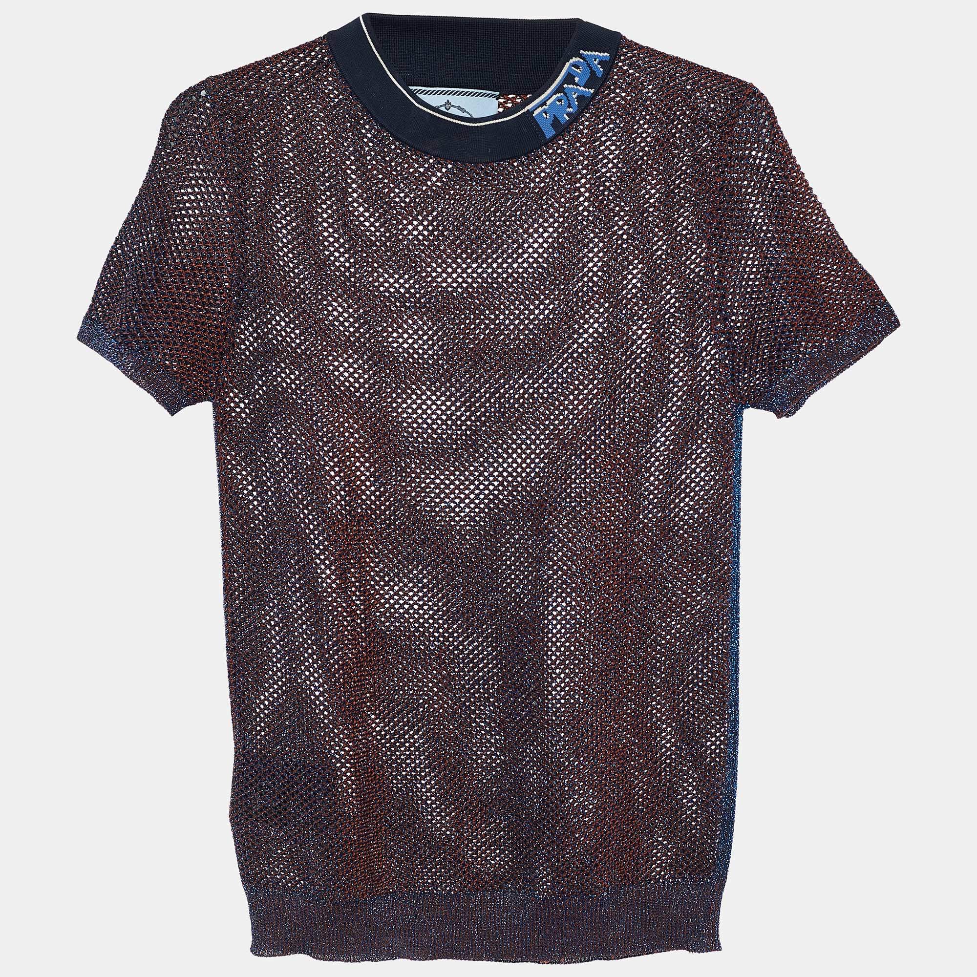 Prada Blue Lurex Perforated Knit Logo Detail Top M