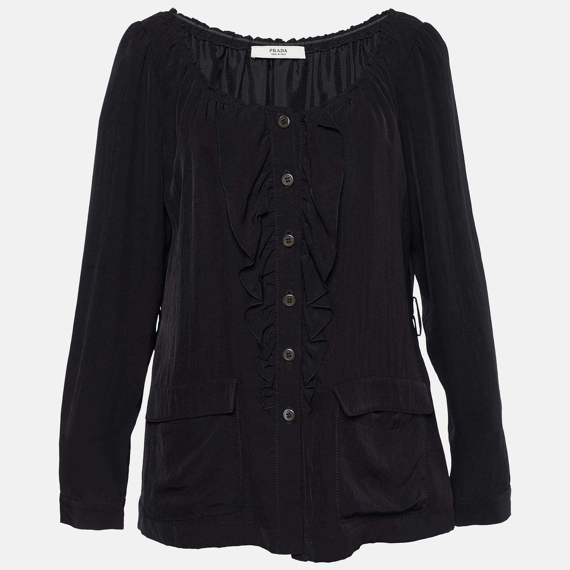 Prada Black Crepe Ruffle Trimmed Button Front Blouse L