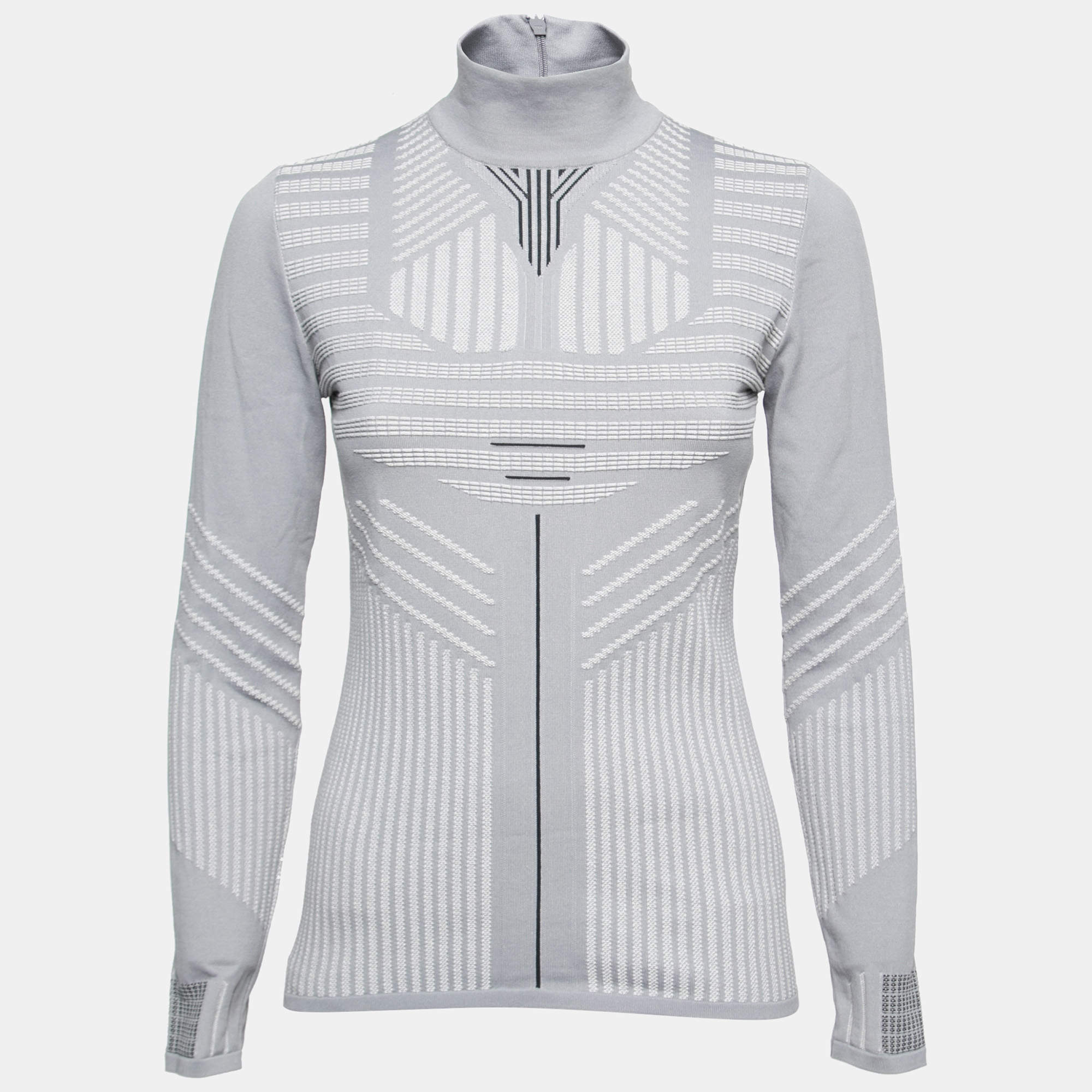 Prada Grey Patterned Knit Long Sleeve Mock Neck Top M