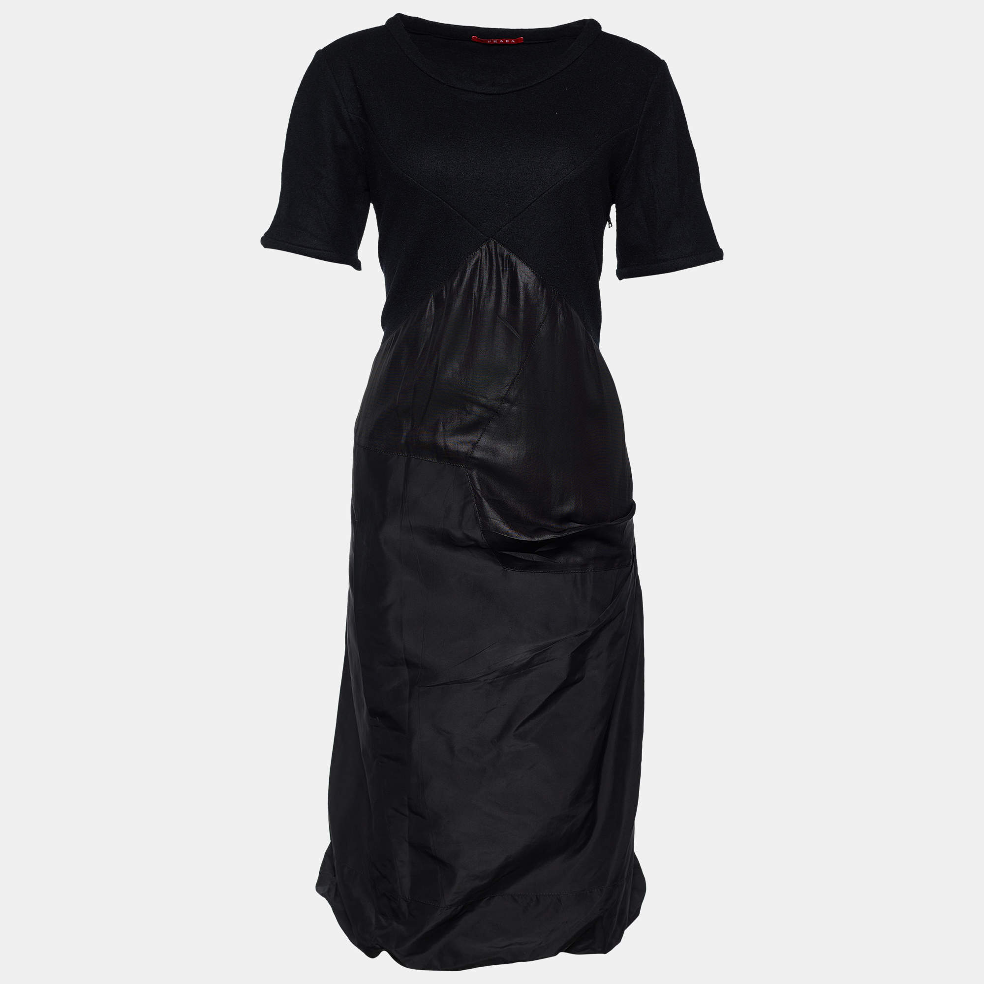 Prada Black Wool & Silk Gathered Hem Midi Dress L