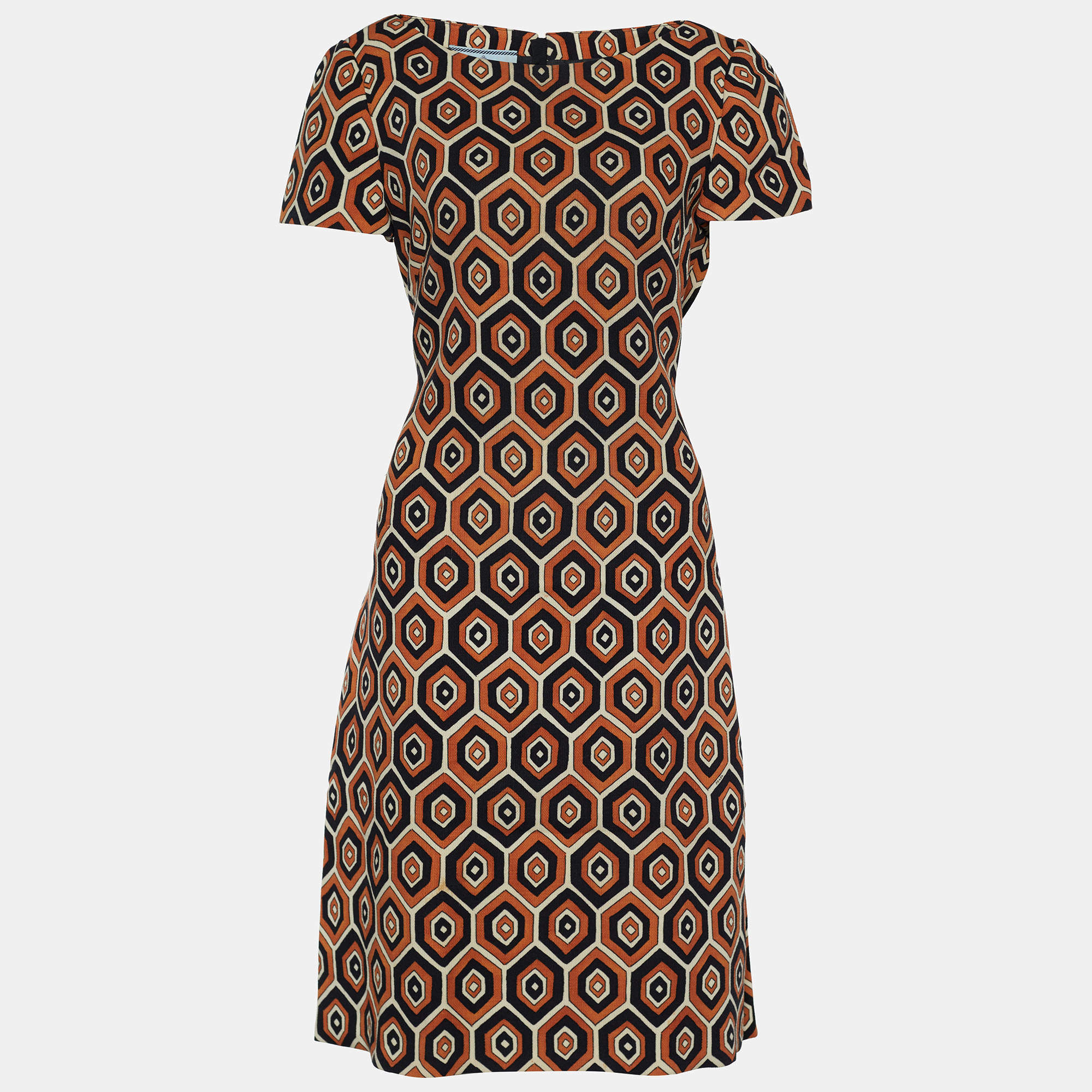 Prada Rustic Orange Geometric Print Wool Sheath Dress L