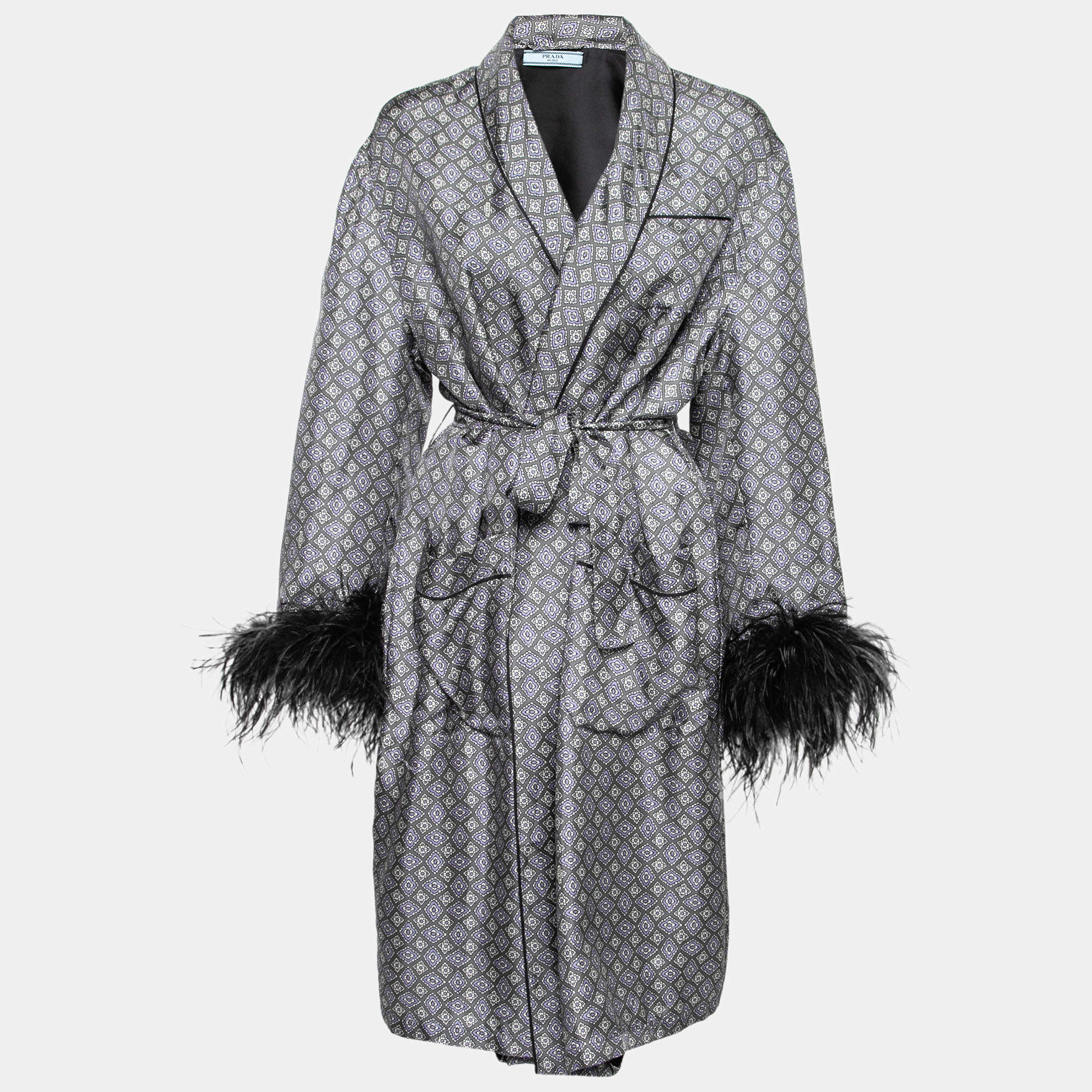 Prada Grey & Blue Paisley Print Silk Feather Cuff Robe Jacket L