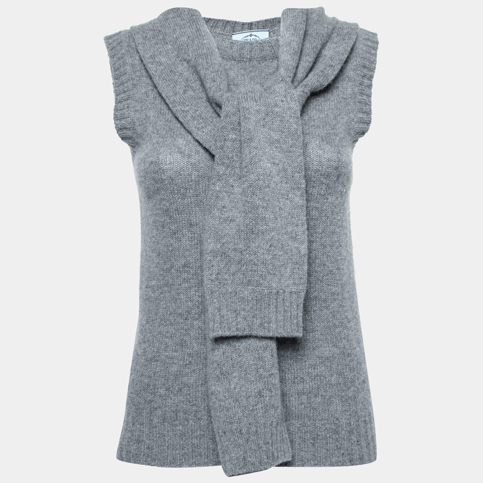 Prada Grey Wool & Cashmere Tie Detail Sleeveless Sweater S