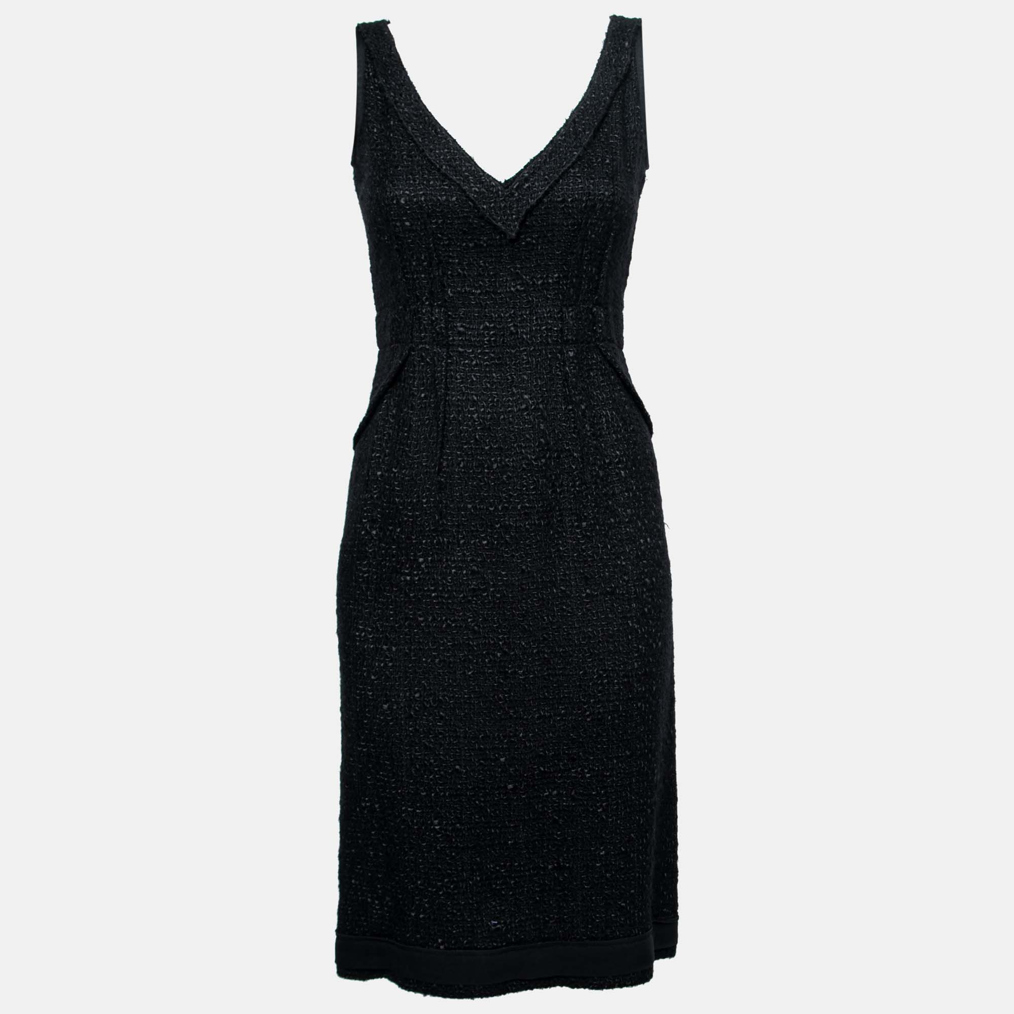Pre Owned Prada Black Tweed Knit V-Neck Sleeveless Dress M