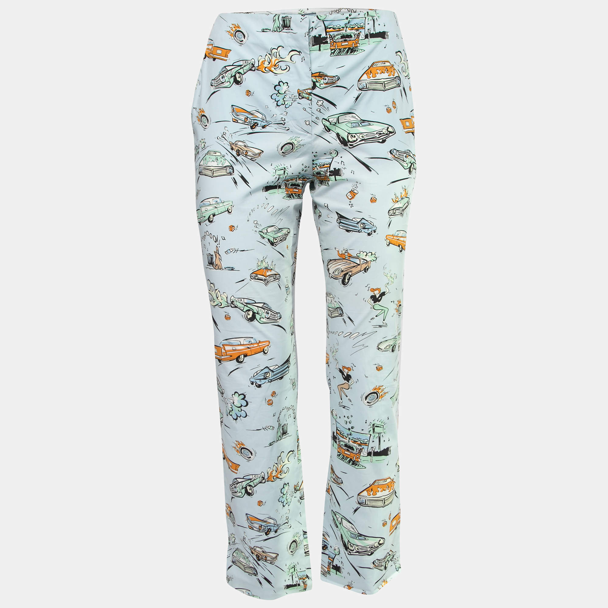 Pre Owned Prada Light Blue Hot Car Print Cotton Skinny Pants M 