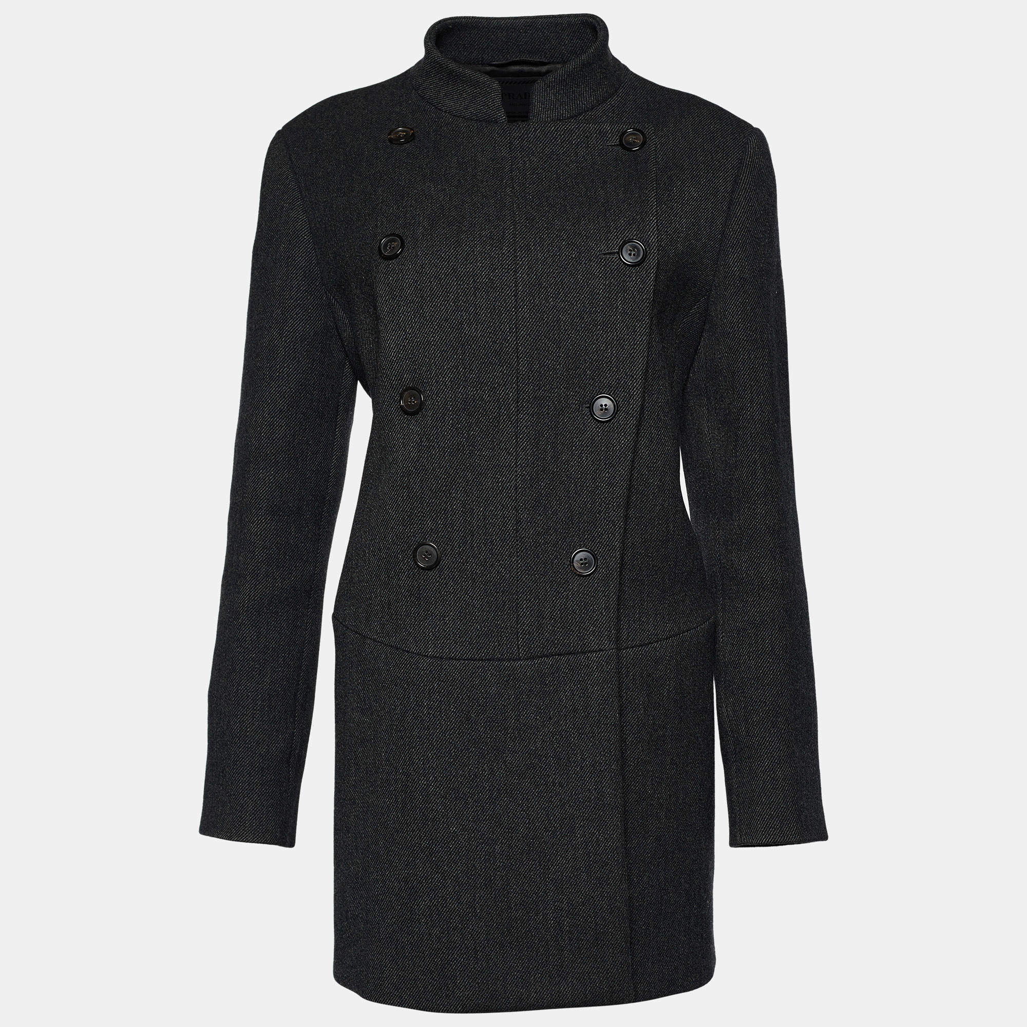 Prada Vintage Dark Grey Striped Wool Double Breasted Peacoat L