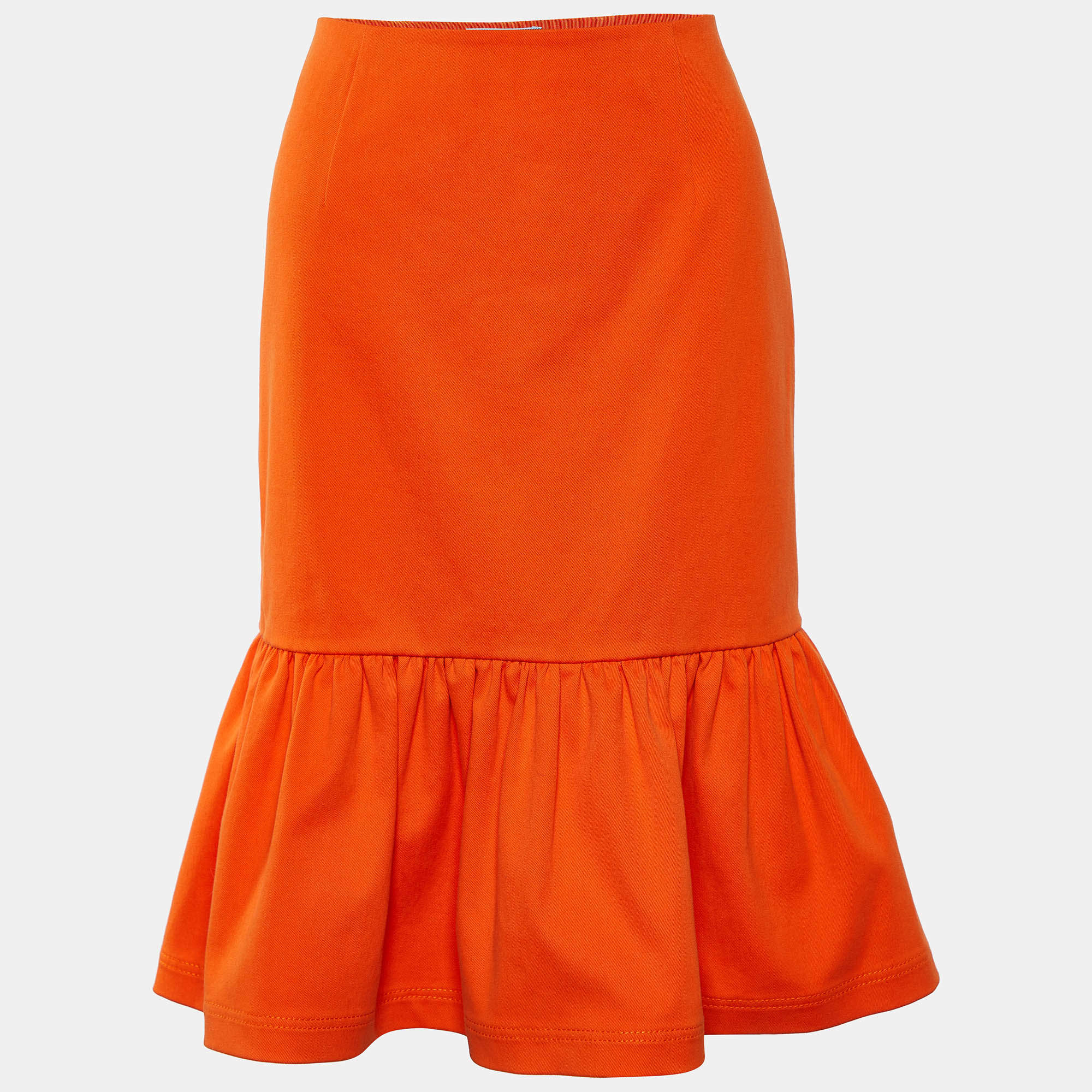 Prada Orange Cotton Ruffled Hem Midi Skirt S