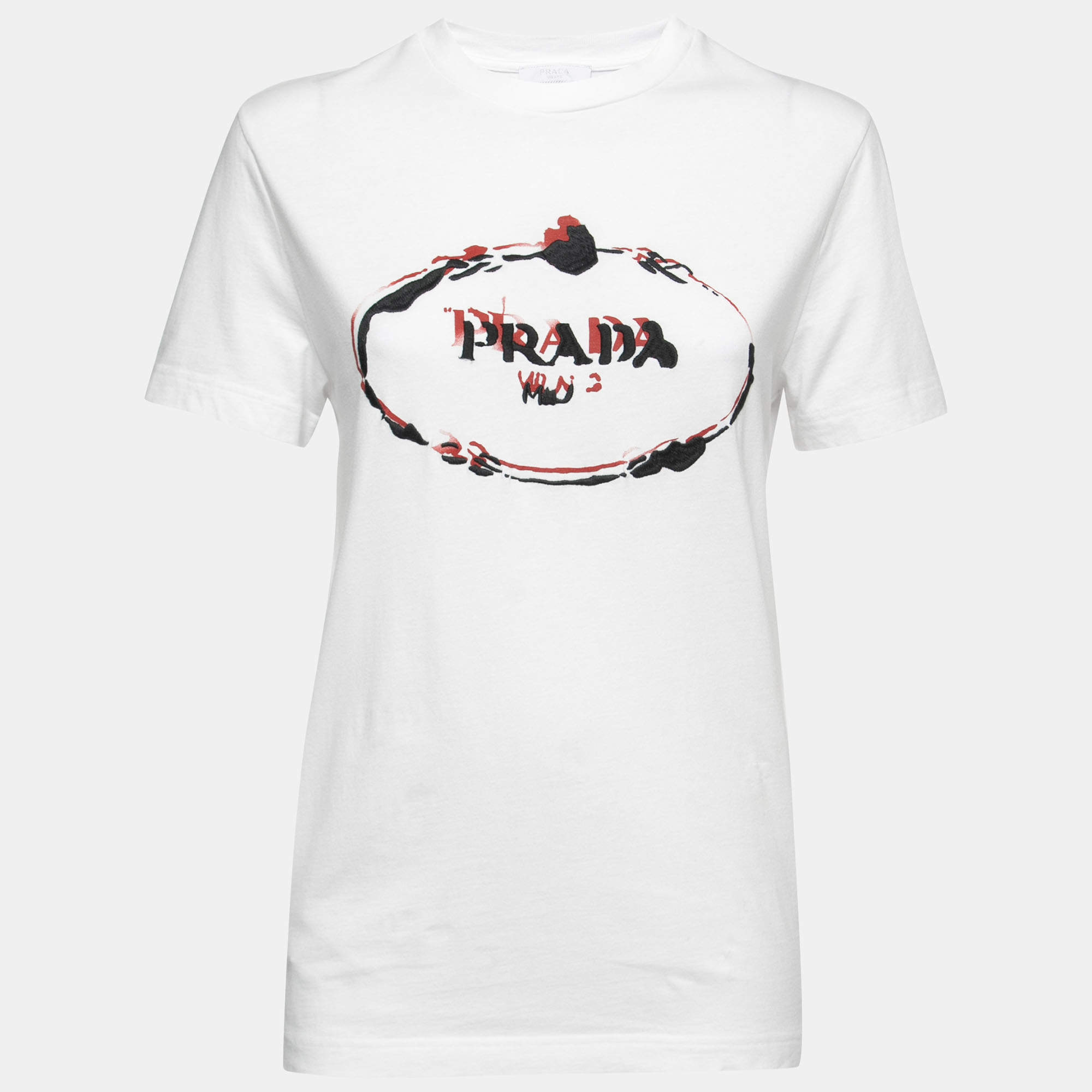 Prada White Cotton Logo Embroidered Crewneck T-Shirt S