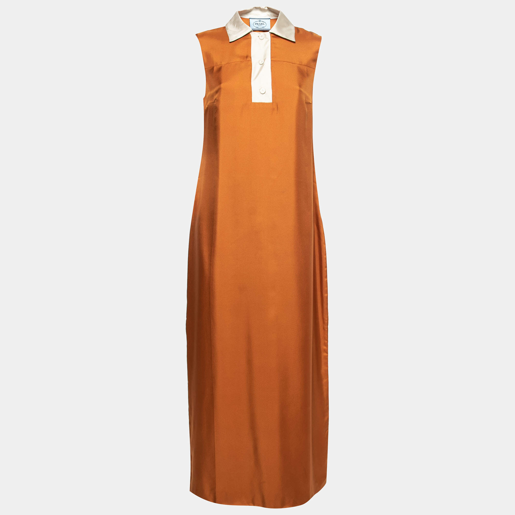 Prada Mustard Yellow Silk Collared Sleeveless Long Dress M