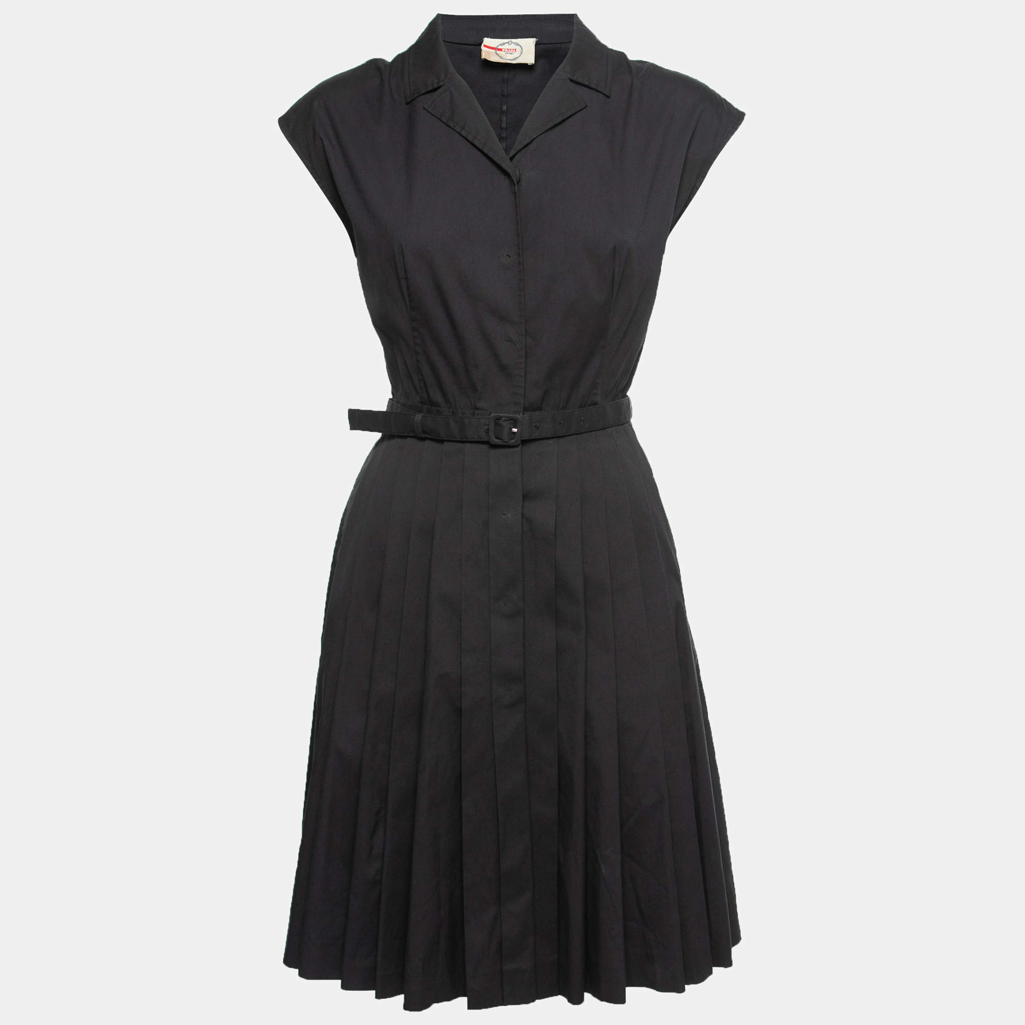 Prada Black Cotton Belted Pleated Midi Dress S