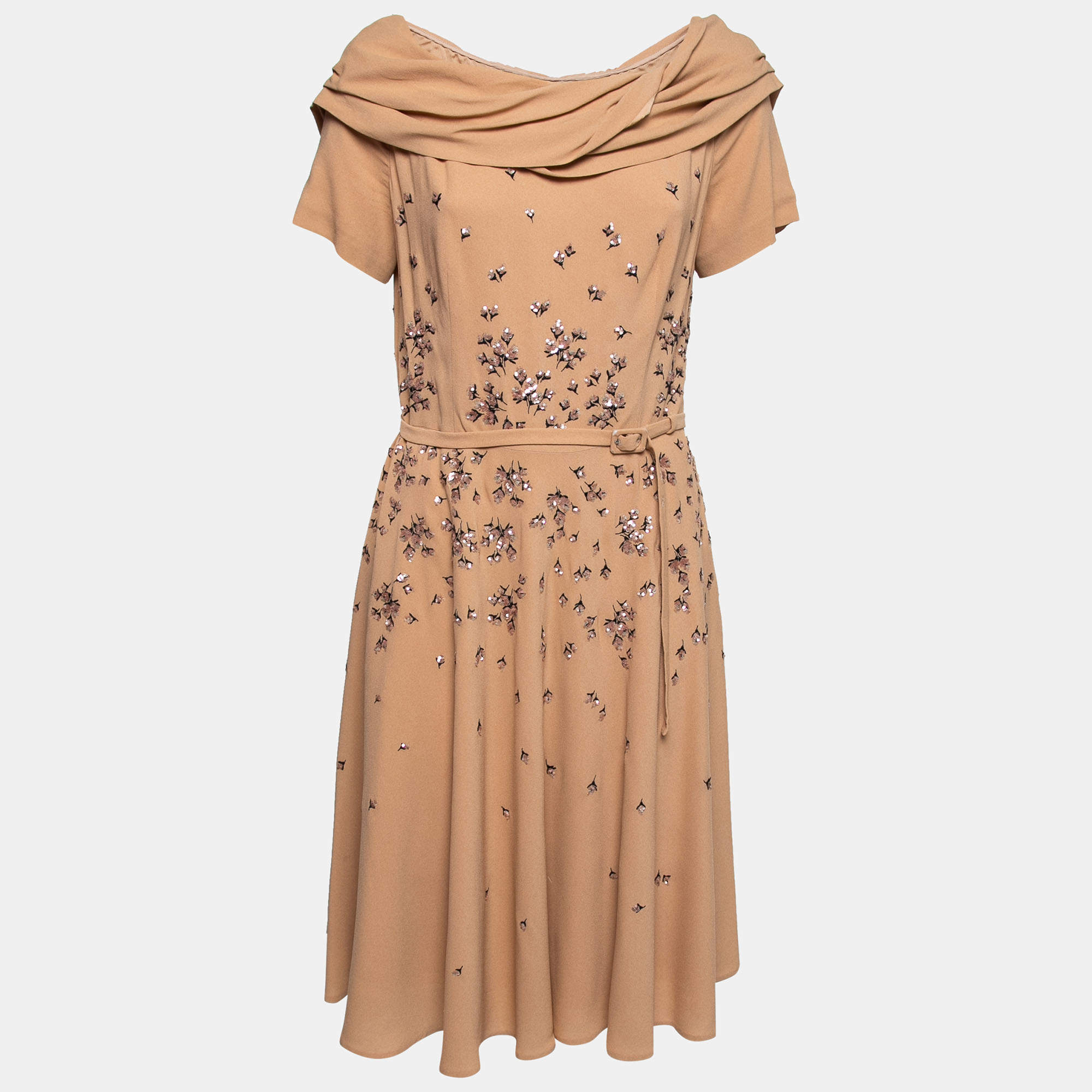 Pre Owned Prada Beige Embroidered Crepe Belted Midi Dress L