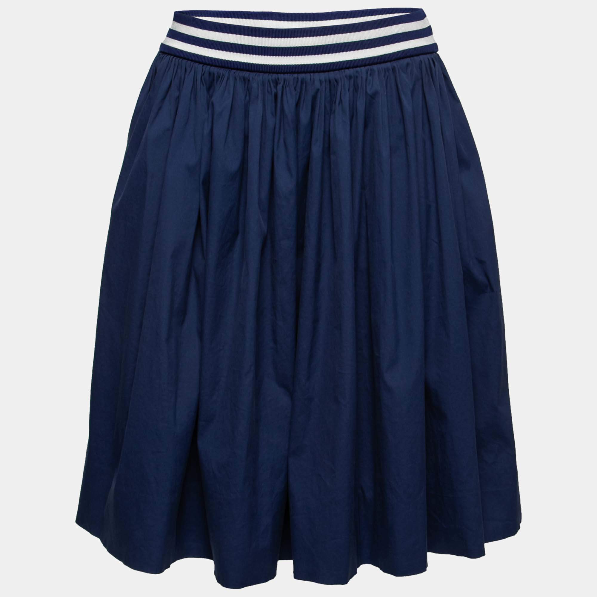 Prada Blue Cotton Elastic Ribbed Trim Flared Skirt M