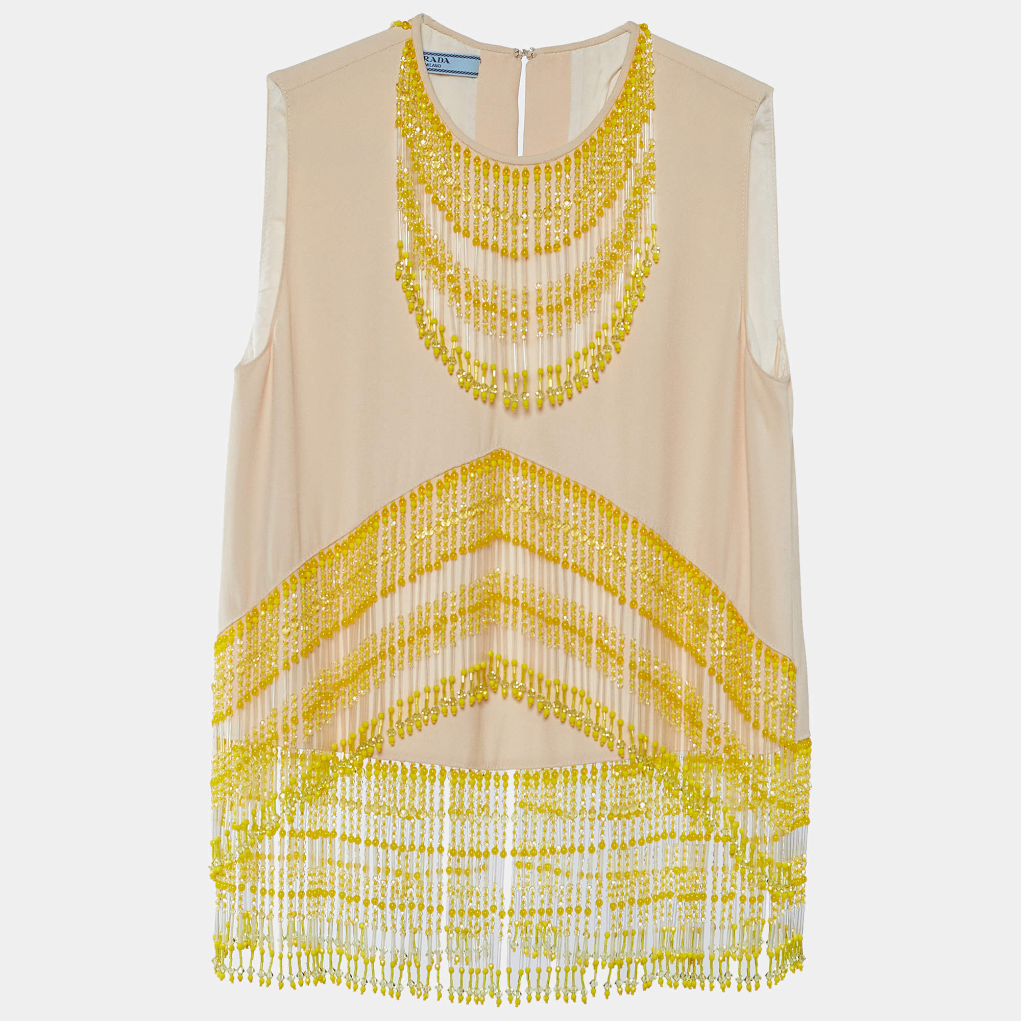Prada Pale Pink Crepe Bead Tasseled Sleeveless Blouse S