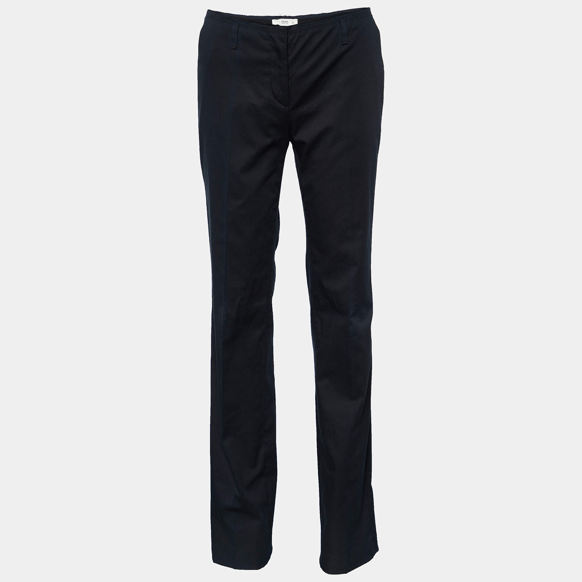Prada Navy Blue Cotton Frayed Waist Detail Pants M Prada | TLC