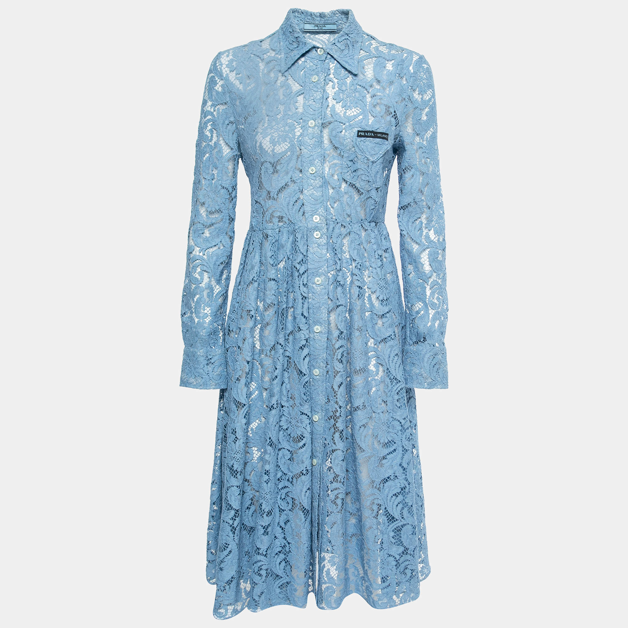 Prada Light Blue Floral Lace Shirt Midi Dress S