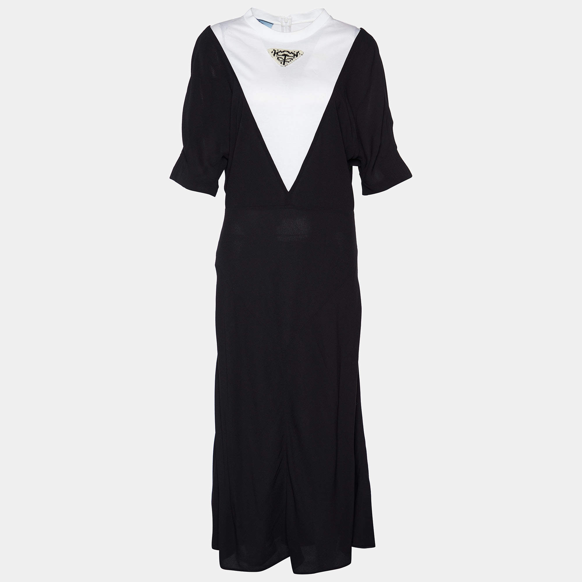 Pre Owned Prada Black Chiffon & Jersey Contrast Detail Midi Dress L