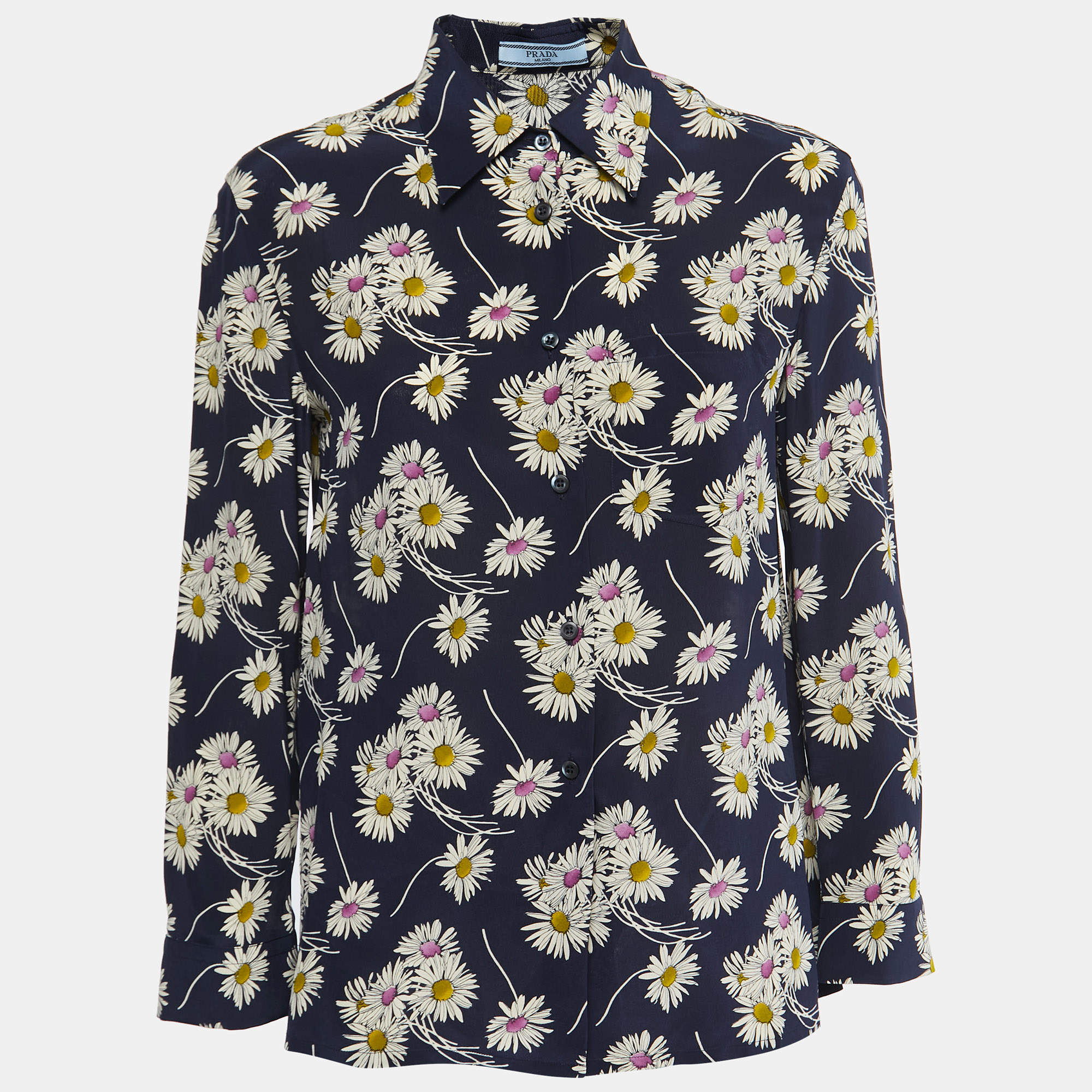Pre Owned Prada Navy Blue Floral Printed Silk Shirt S