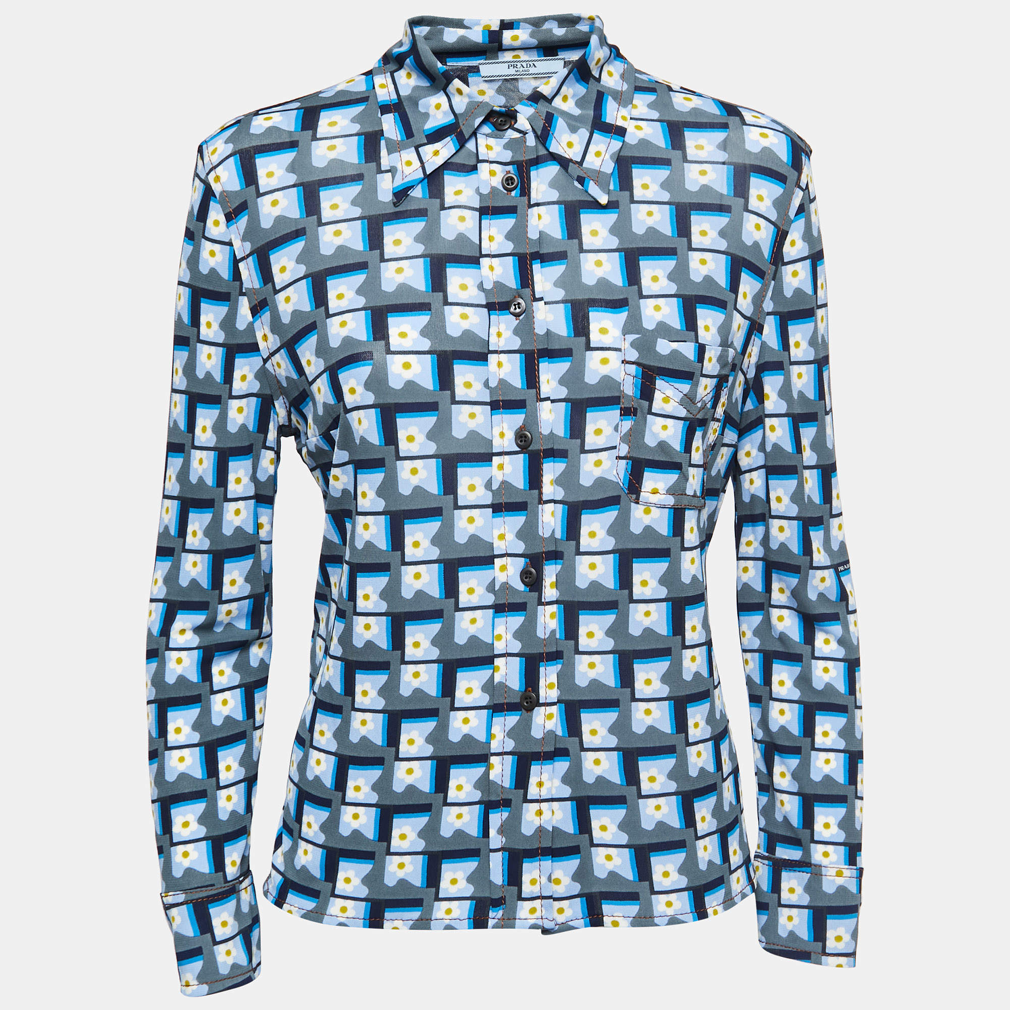 Pre Owned Prada Blue Floral Printed Jersey Button Front Shirt M