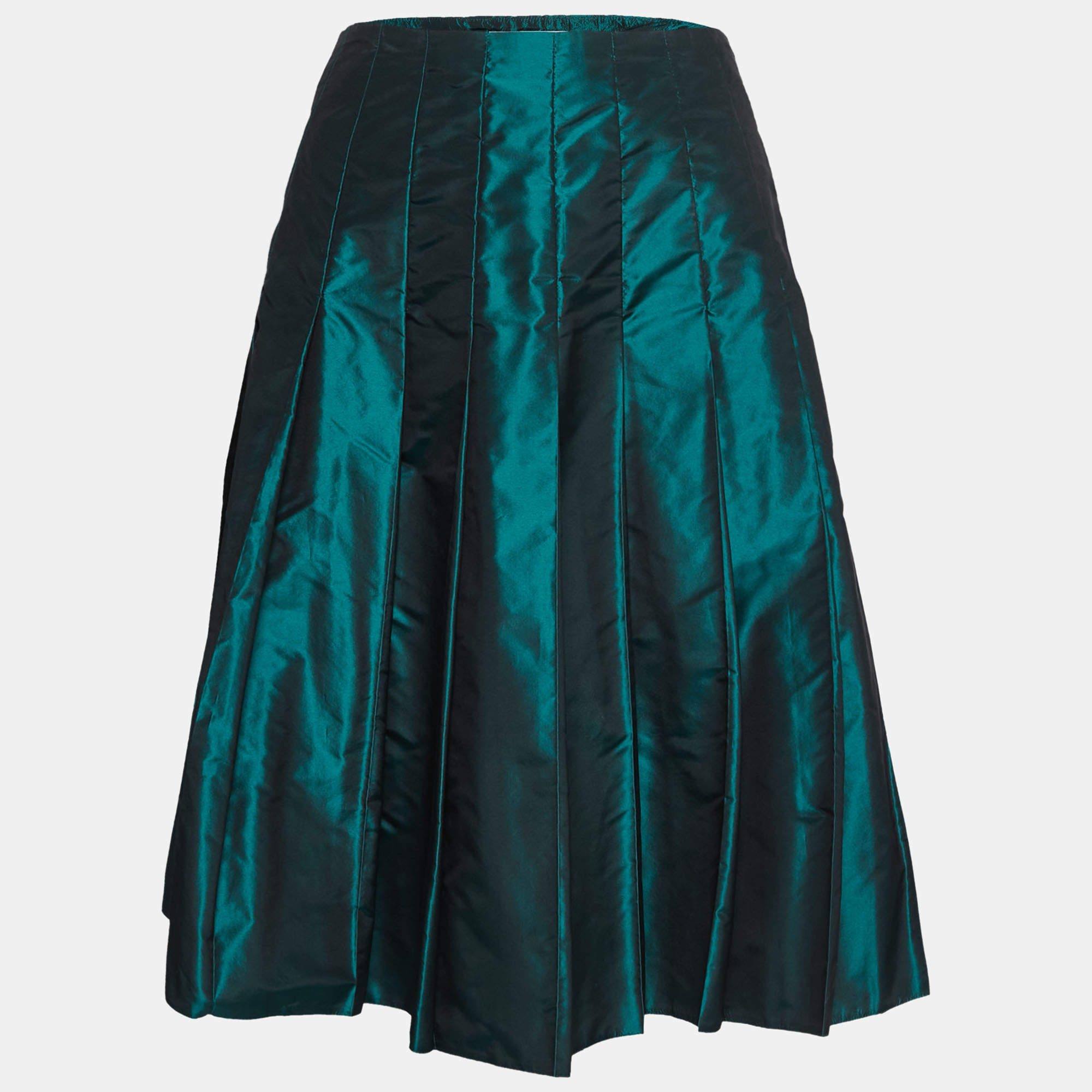 مملوكة مسبقًا Prada Dark Green Taffeta Silk Pleated Midi Skirt M