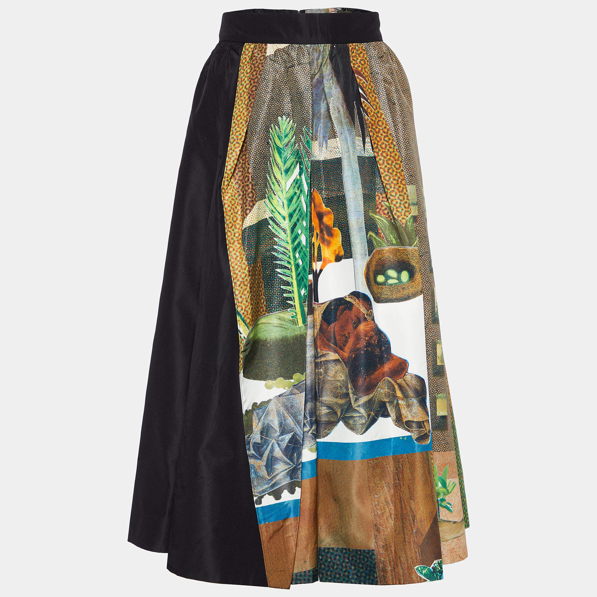 Prada Black Printed Silk Patch Detail Germinal Midi Skirt S