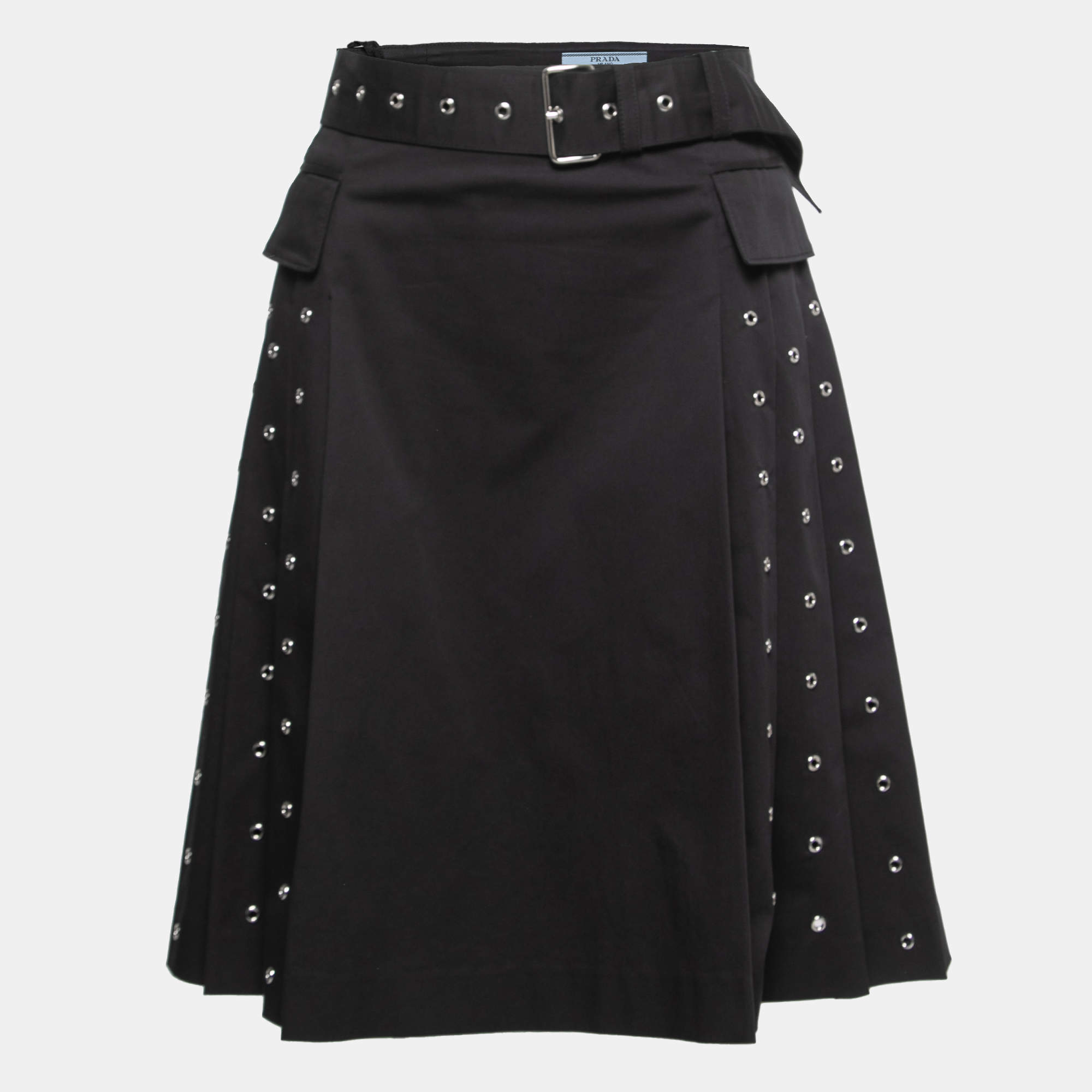 Prada Black Cotton Belted Pleated Skirt S