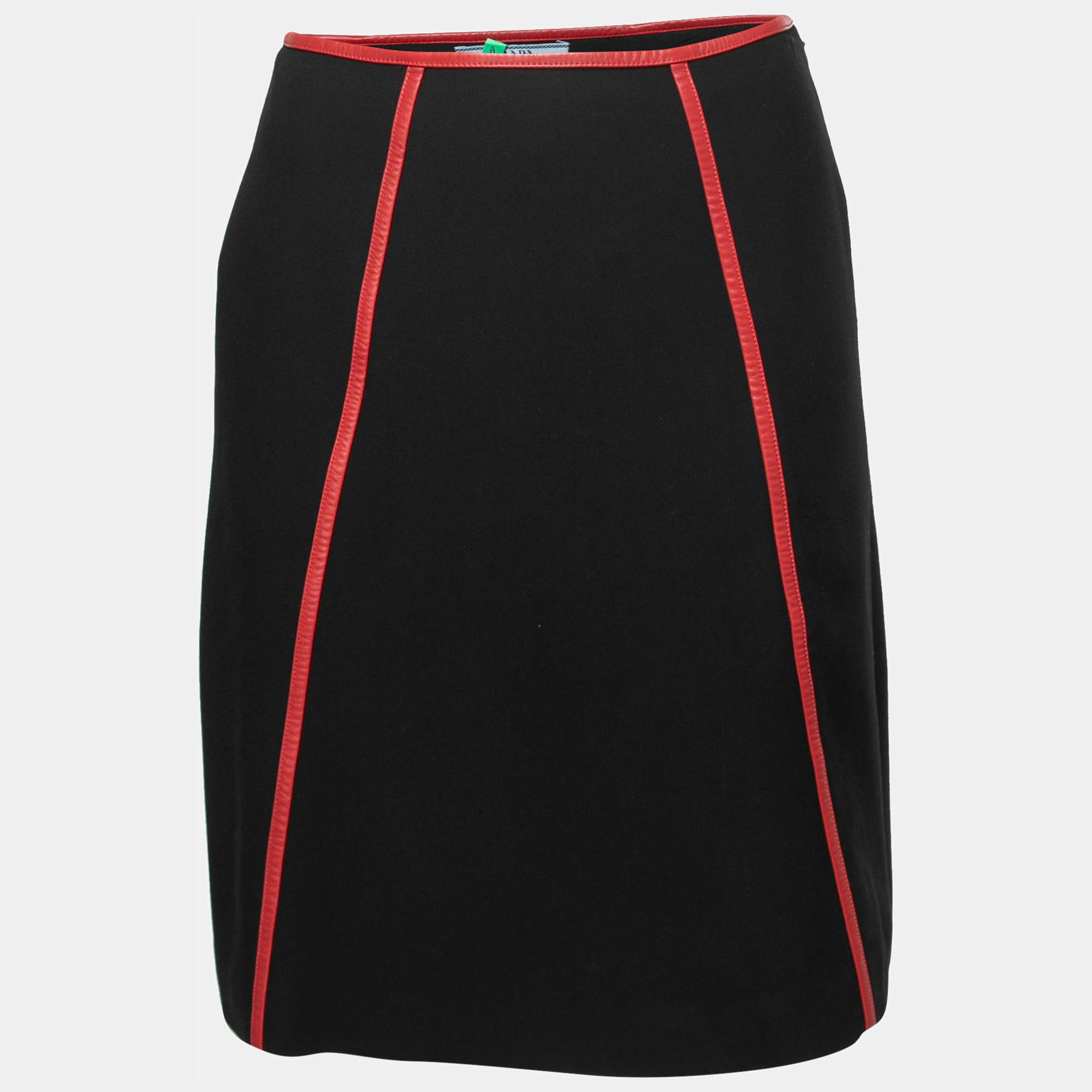 مملوكة مسبقًا Prada Black Crepe Leather Trimmed Knee Length Skirt S