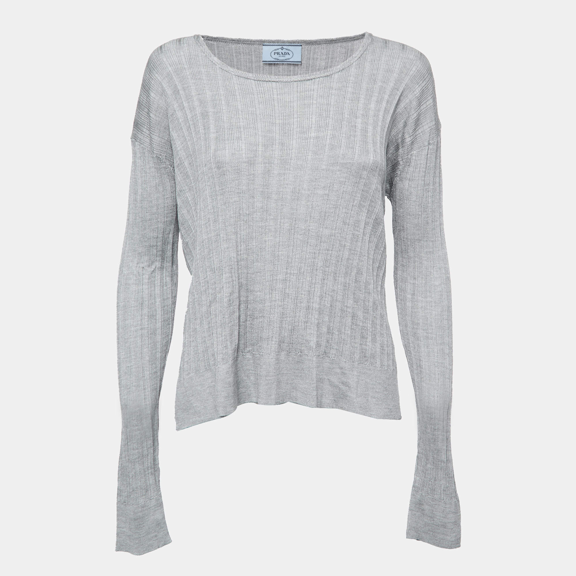 Pre Owned Prada Grey Stretch Knit Crew Neck Sweater M