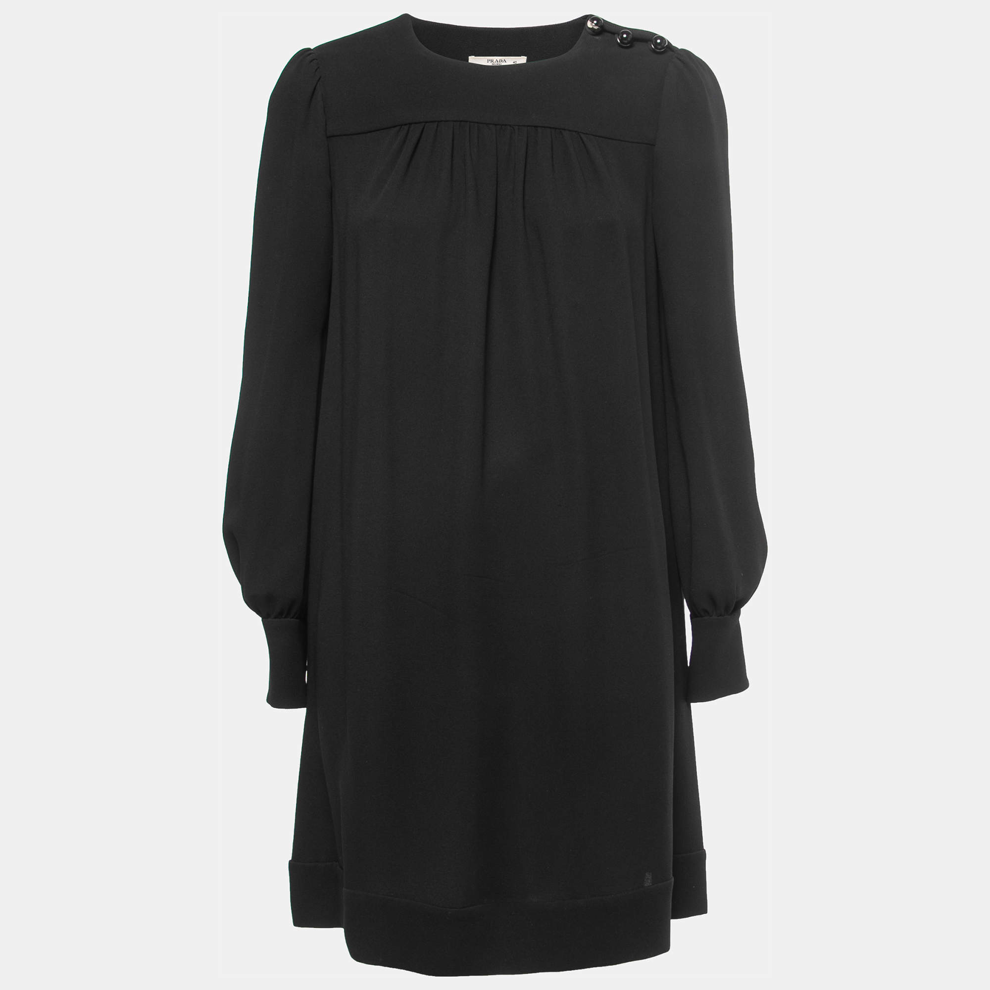 Prada Black Crepe Silk Long Sleeve Midi Dress S