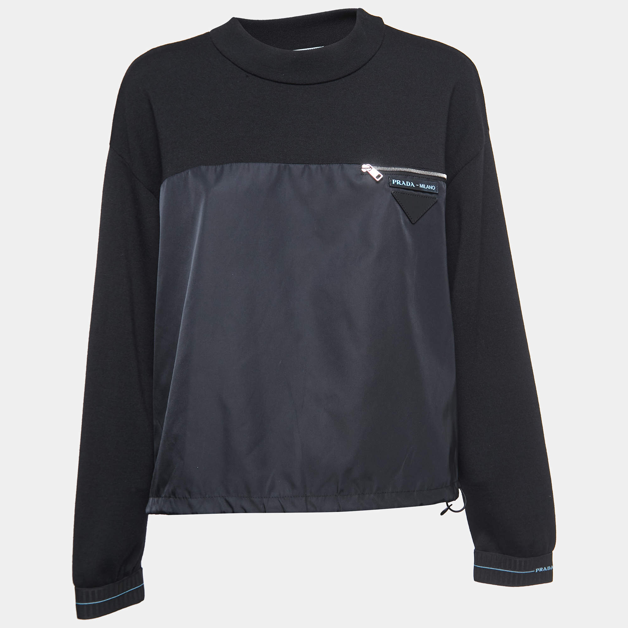 Prada Black Knit & Nylon Logo Patch Sweatshirt M