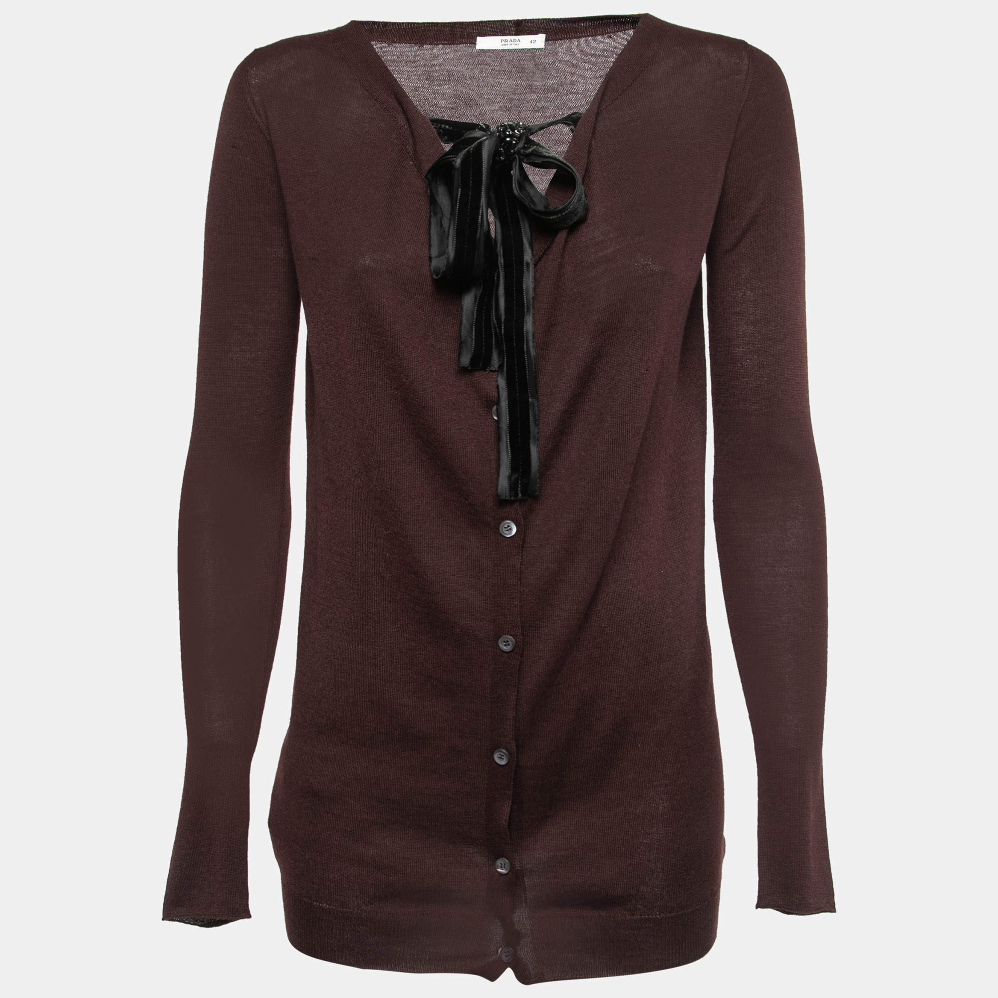 Prada Brown Silk & Cashmere Knit Embellished Tie Neck Detail Button Front Cardigan M