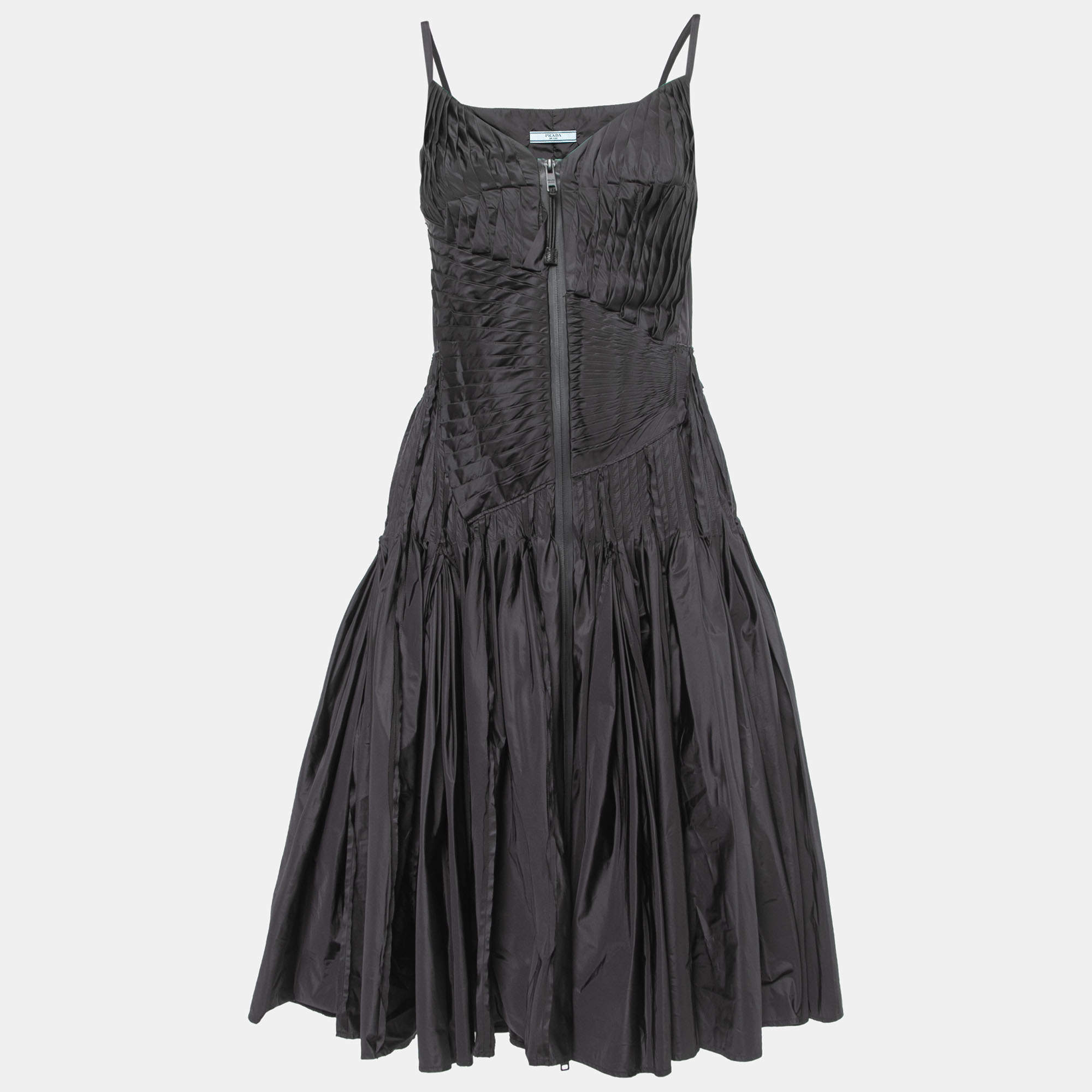 Prada Black Coated Nylon Pleated Zip Front Strappy Midi Dress XS