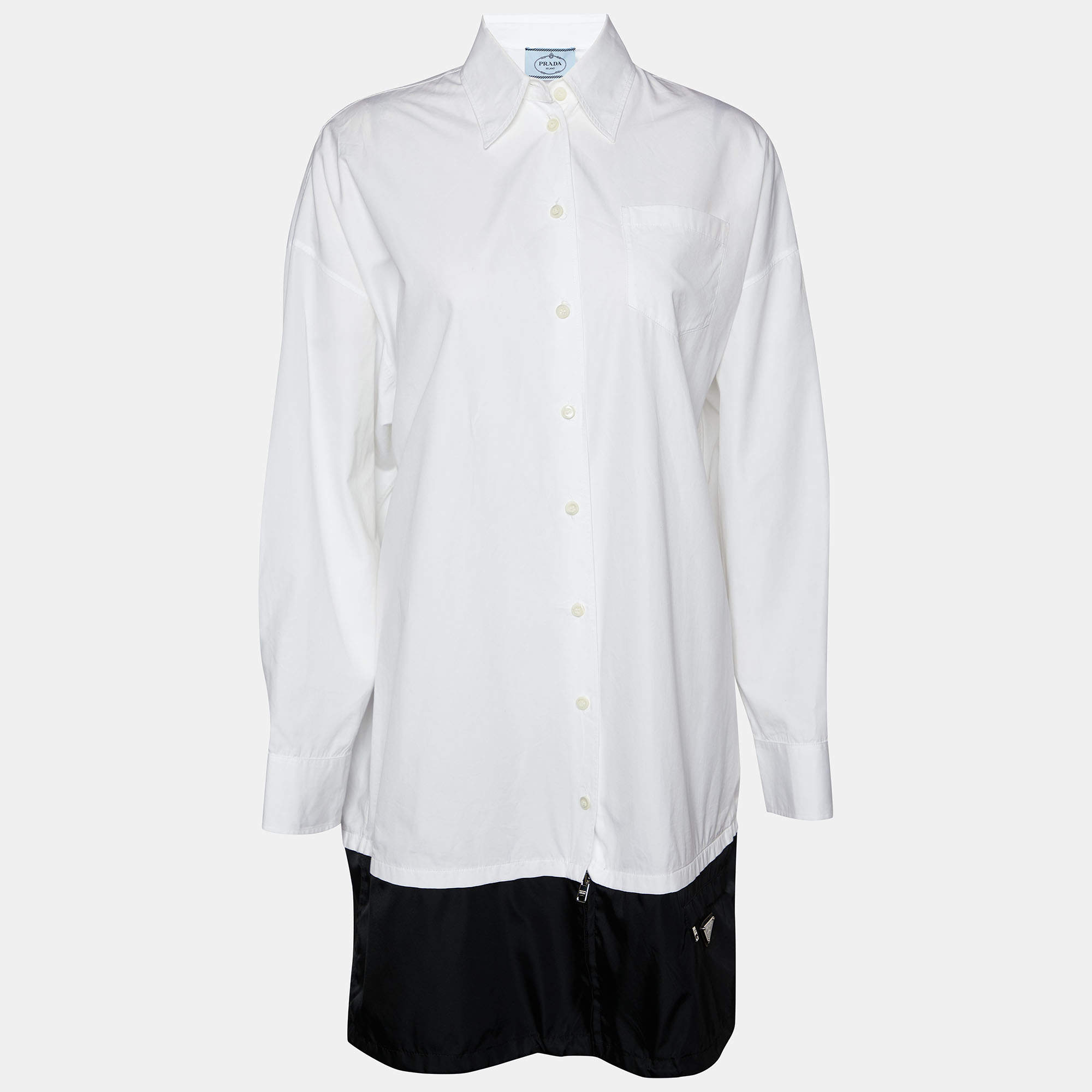Pre Owned Prada White Cotton & Contrast Re-Nylon Long Oversized Shirt S