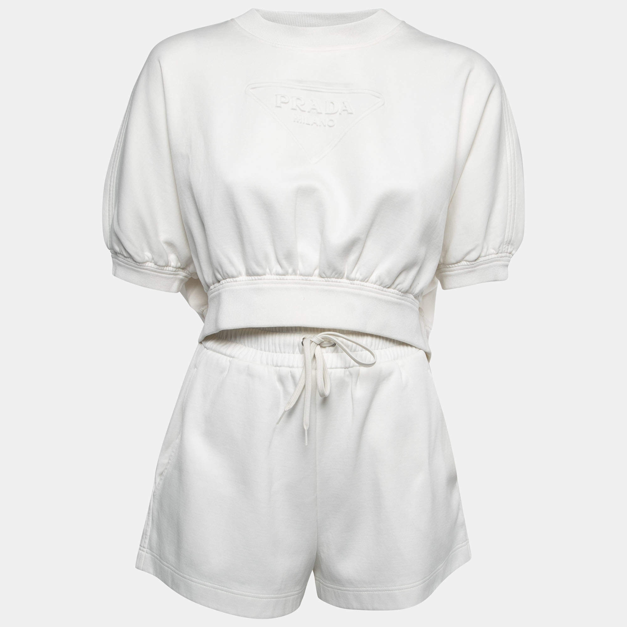 Prada White Logo Patterned Cotton Blend Knit T-Shirt Shorts Set S/L