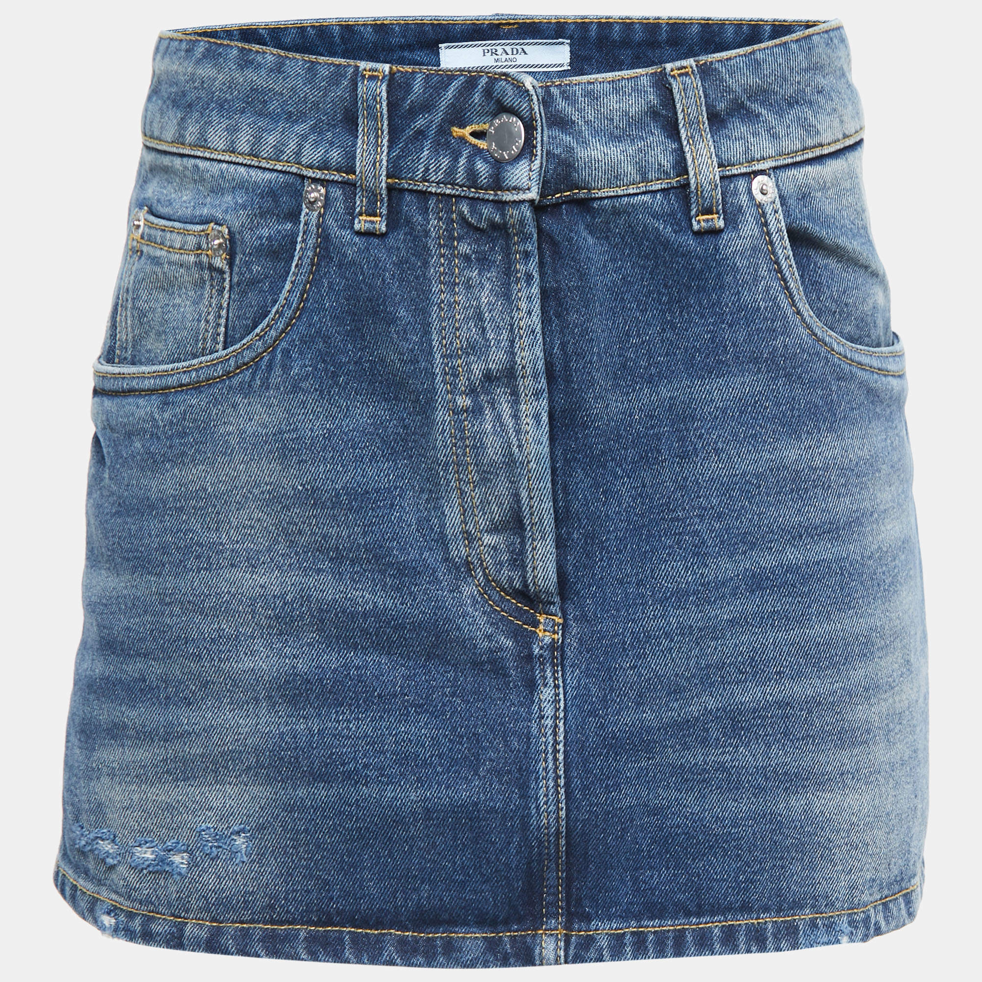 Prada Blue Distressed Denim Mini Skirt M