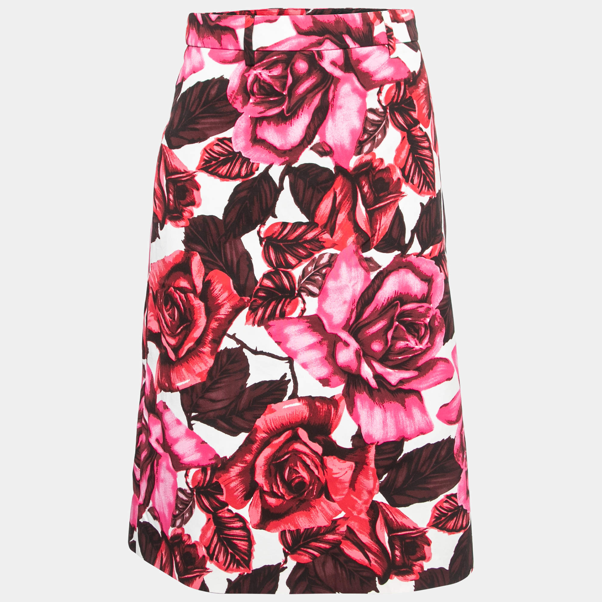 Prada Pink Floral Printed Cotton A-Line Midi Skirt S