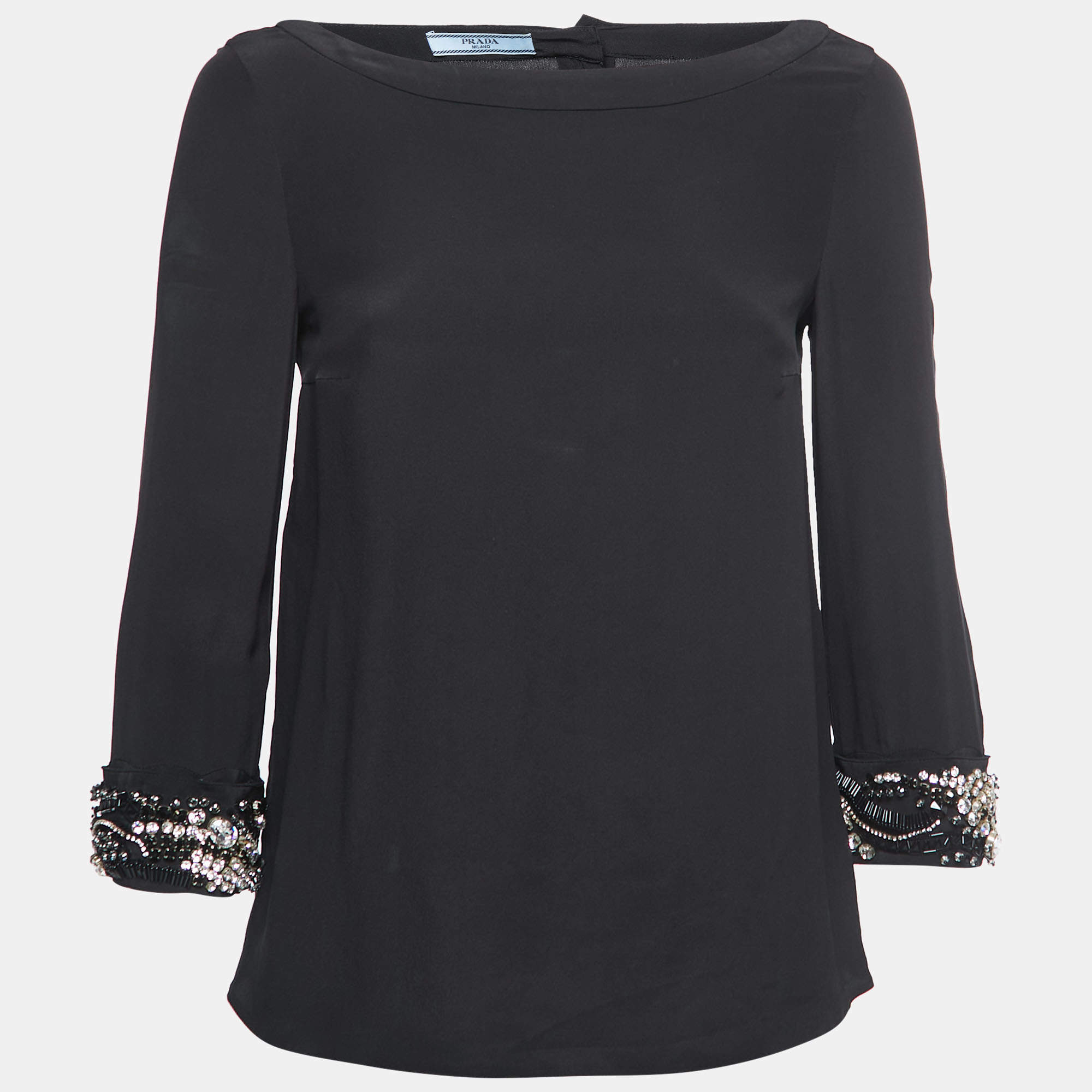 Pre Owned Prada Black Silk Crystals Embellished Sleeve Detailed Blouse S
