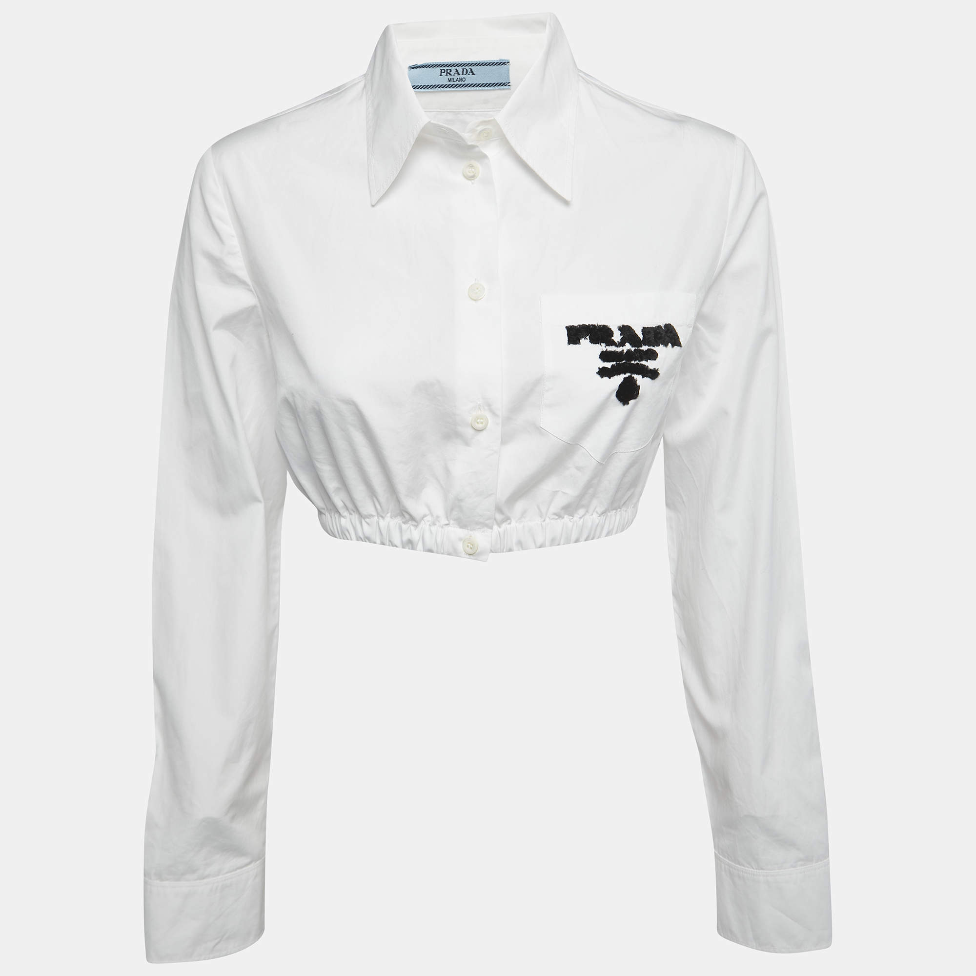 Prada White Cotton Logo Embroidered Cropped Shirt S Prada