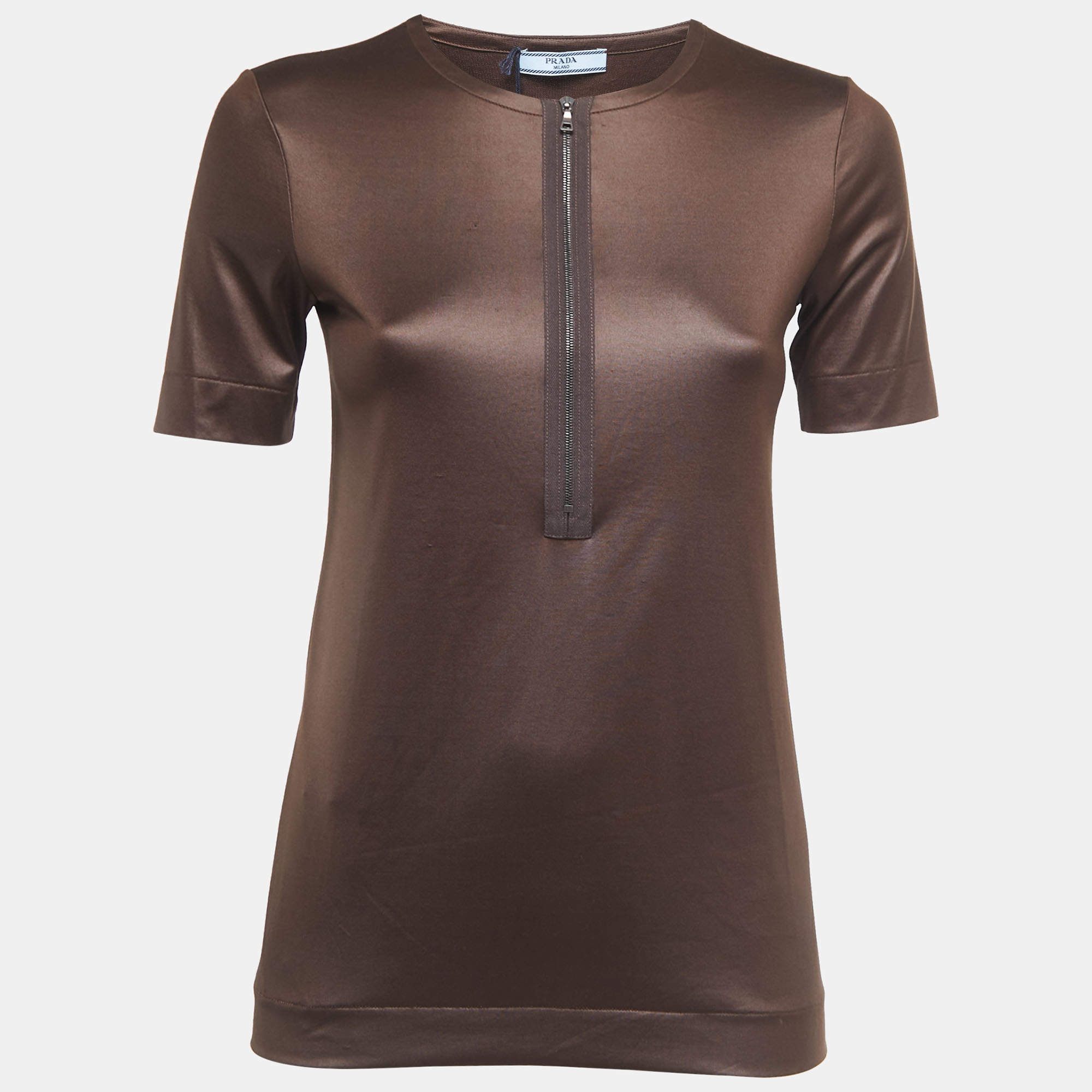 Prada Brown Jersey Zip Front Short Sleeve Top S 