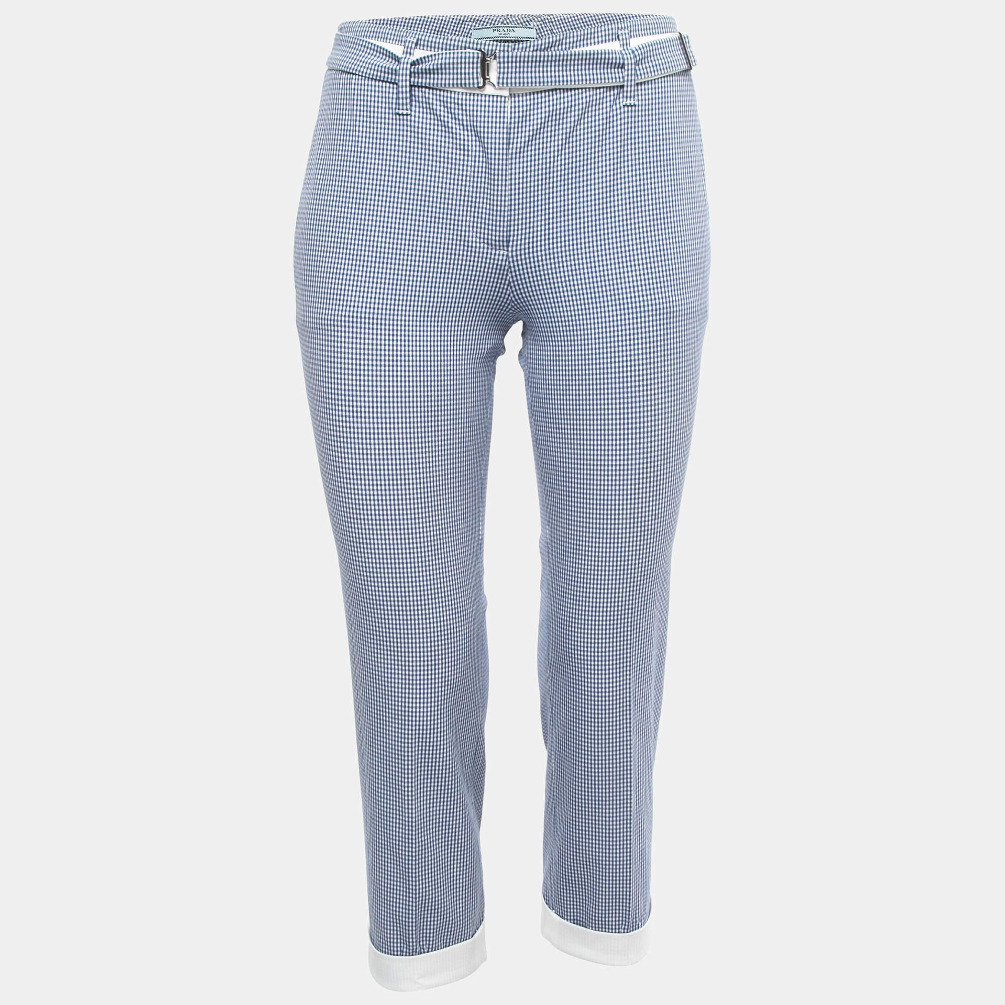 Prada Blue Gingham Patterned Cotton Blend Capri Pants S