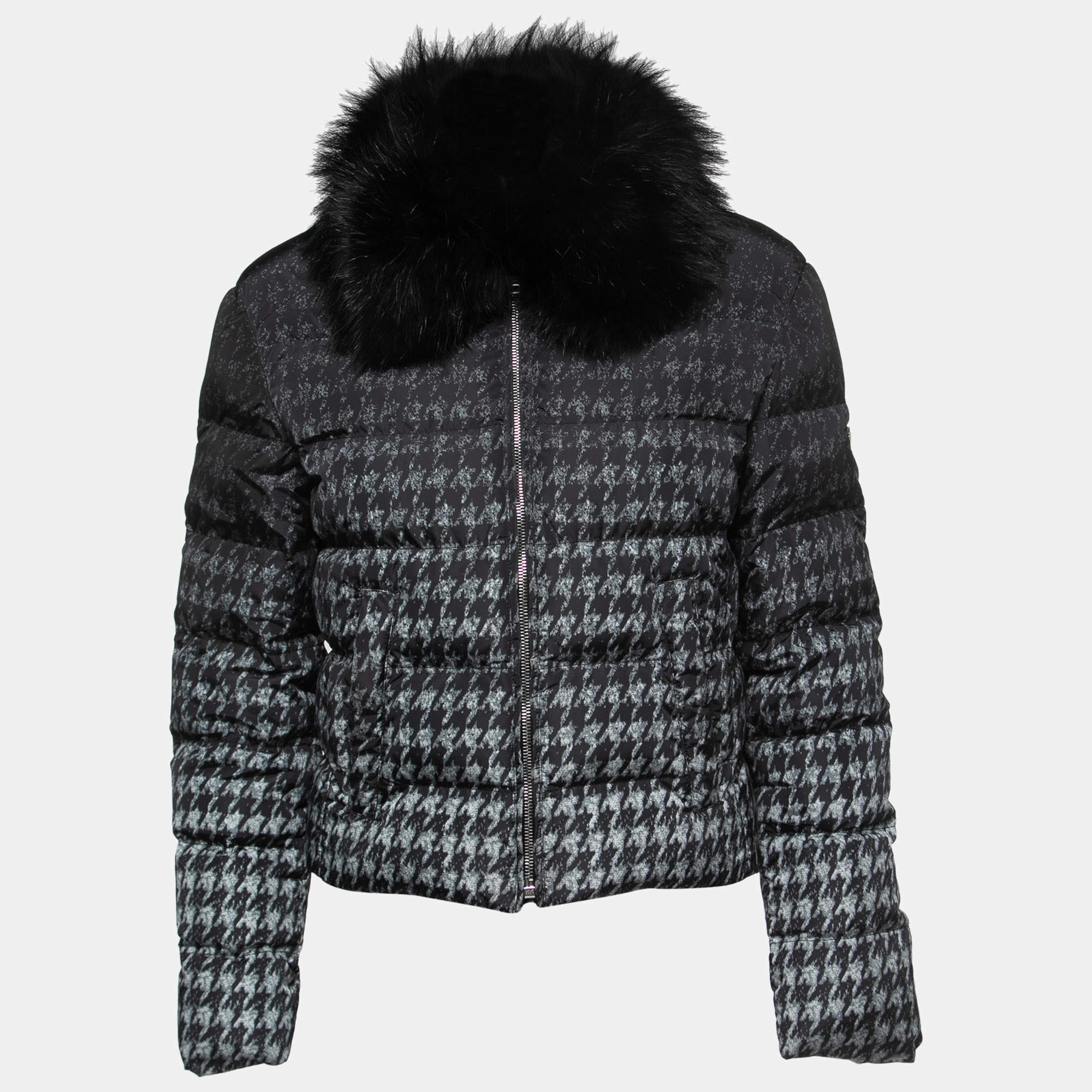 Prada Grey Houndstooth Printed Synthetic Fox Fur Collar Cropped Jacket S