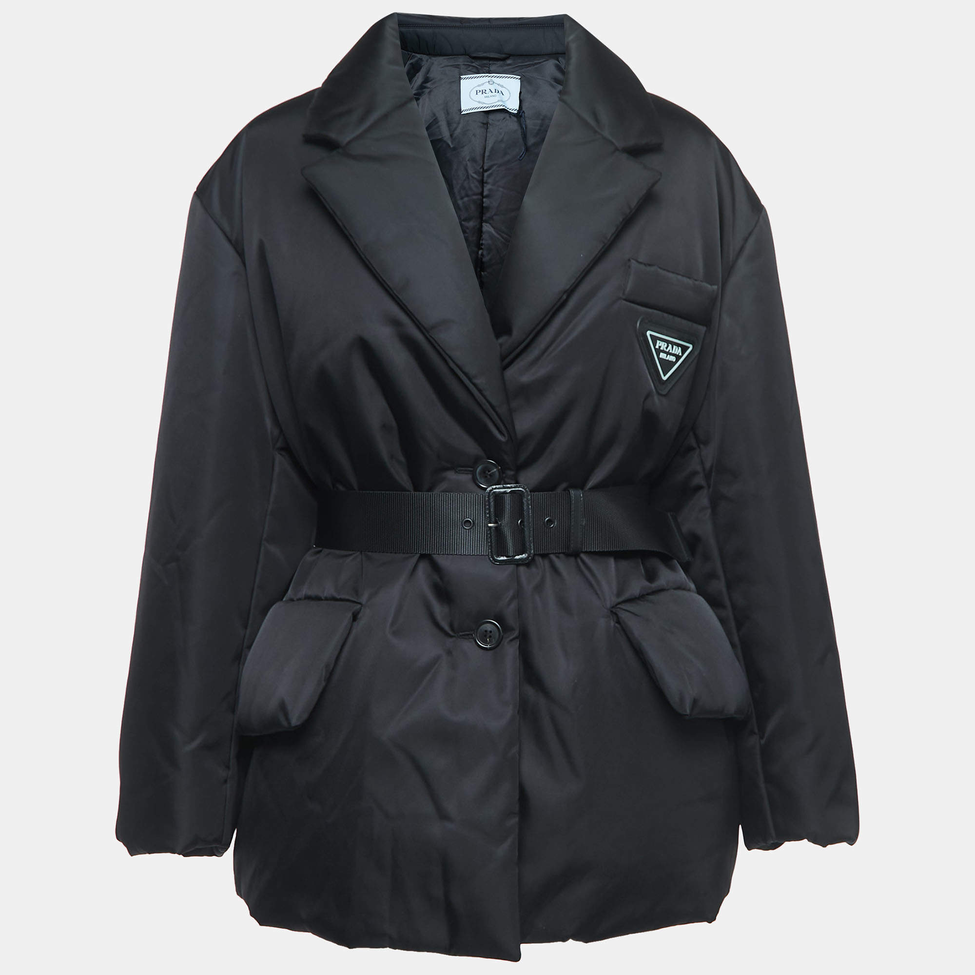 Prada Black Resin Coating Nylon Belted Down Jacket M Prada | TLC