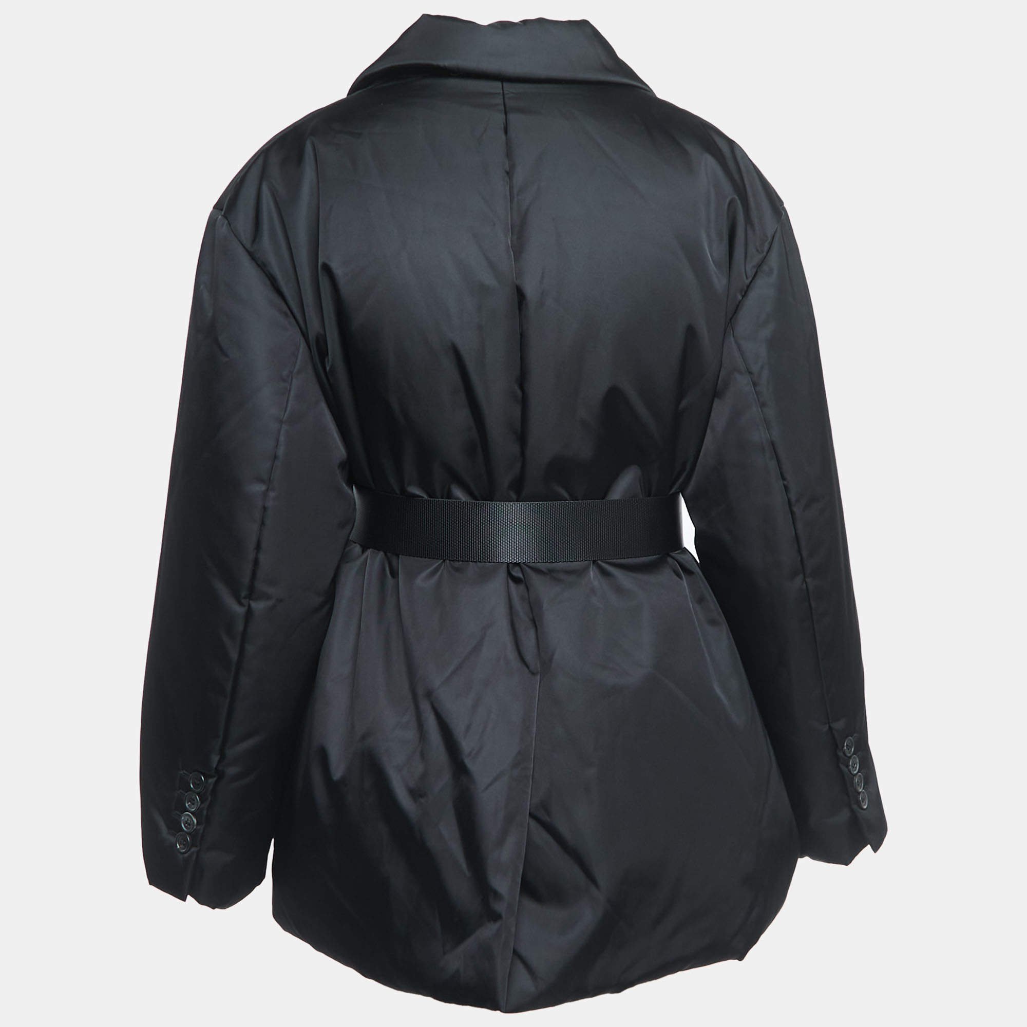 Prada Black Resin Coating Nylon Belted Down Jacket M