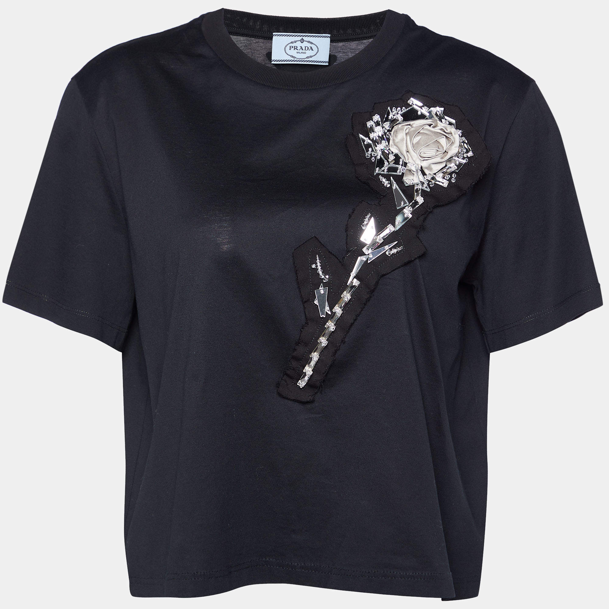 Pre Owned Prada Black Mirror Embellished Cotton Knit T-Shirt L
