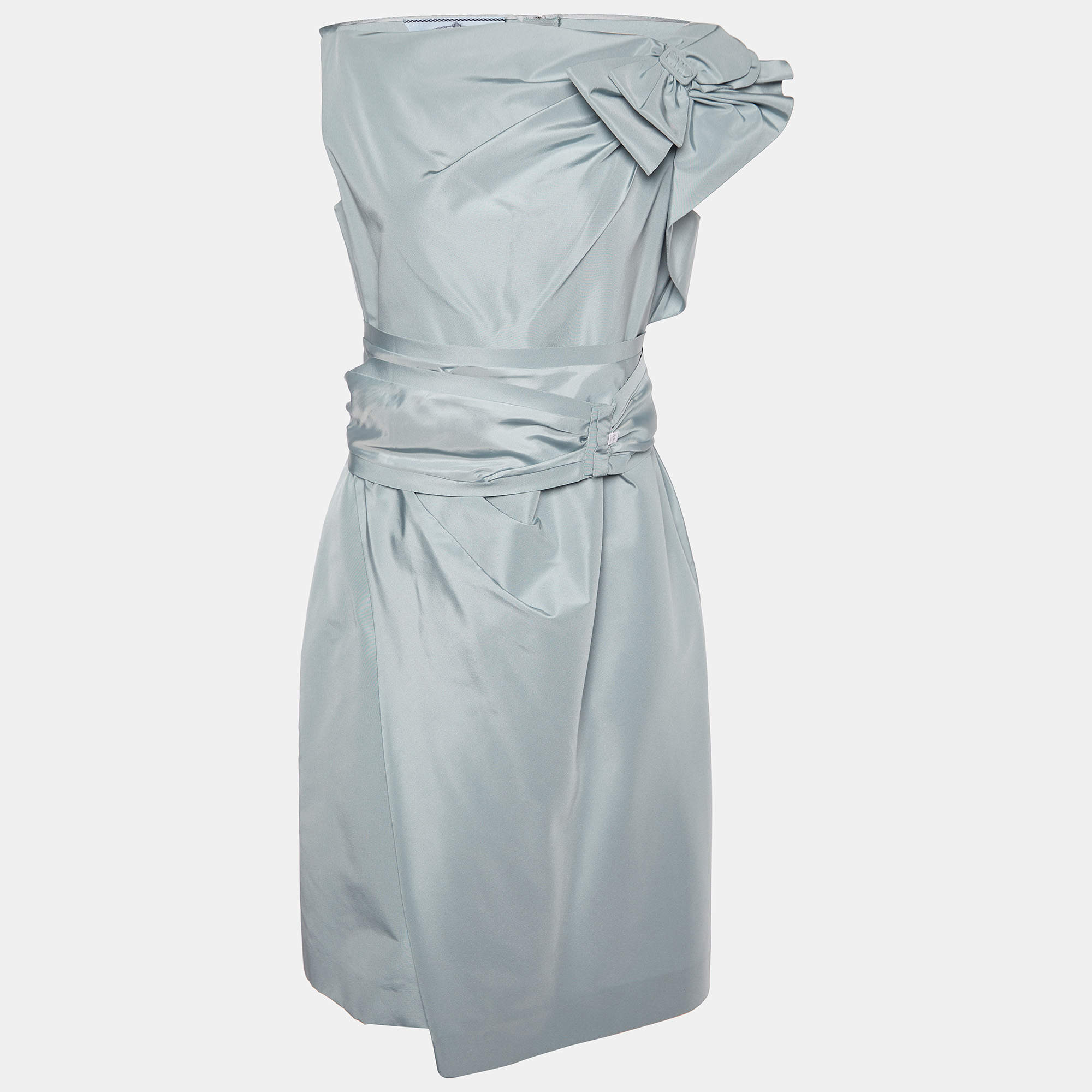 Prada Grey Silk Taffeta Bow Detail Belted Sleeveless Midi Dress M