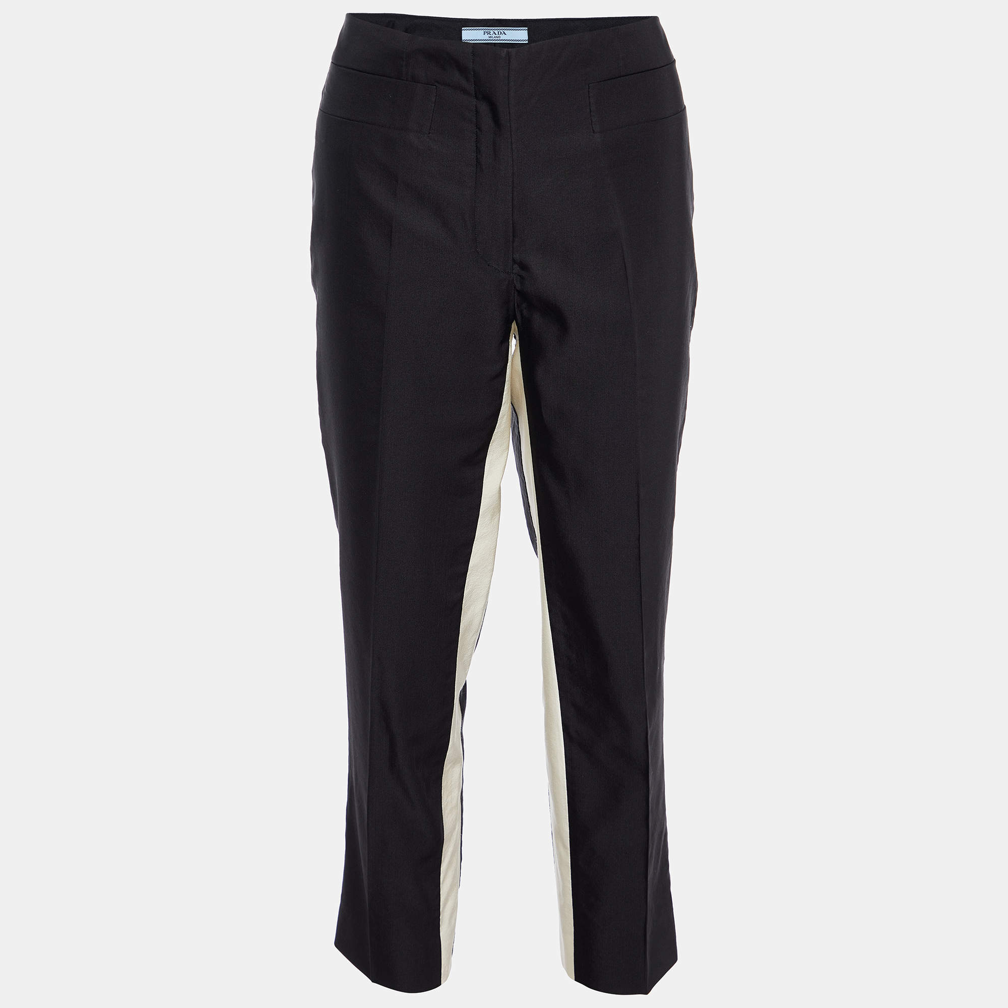 Pre Owned Prada Black Wool & Silk Contrast Detail Pants M