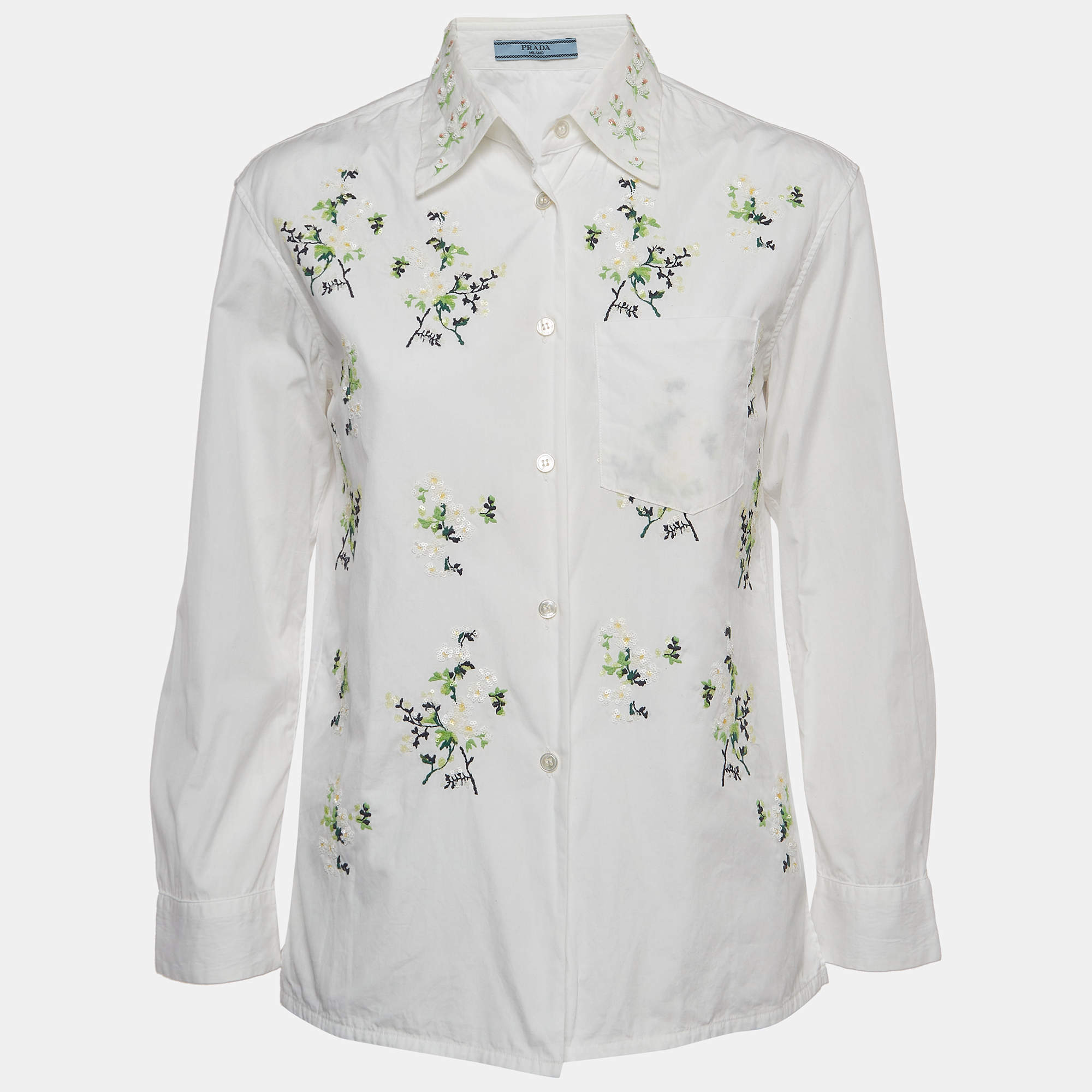Pre Owned Prada White Cotton Floral Sequin Embellished Button Front Shirt S